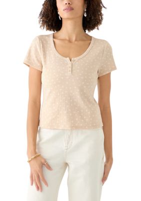 OLIVE + OAK Women's Short Sleeve Henley T-Shirt, Sand, Large