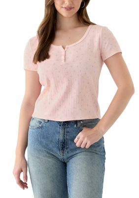 OLIVE + OAK Women's Short Sleeve Henley T-Shirt, Pink, XL