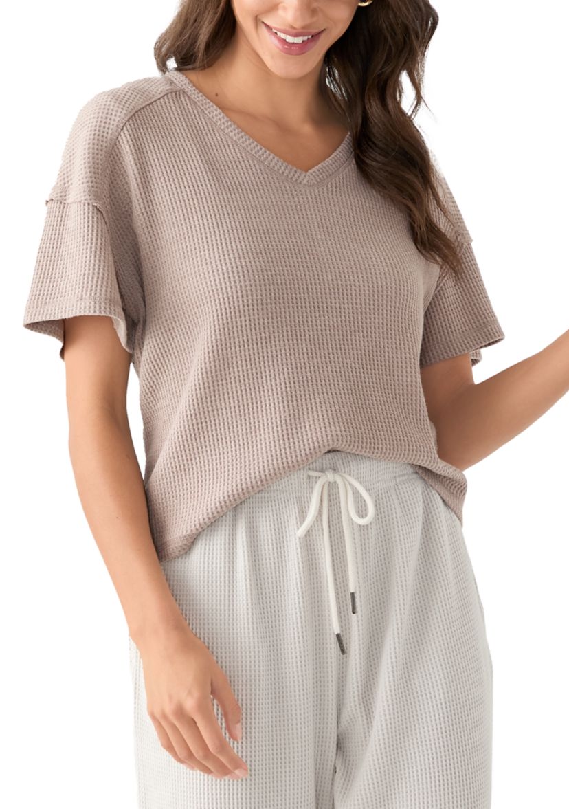 Womens Short Sleeve Waffle Knit V-Neck T-Shirt