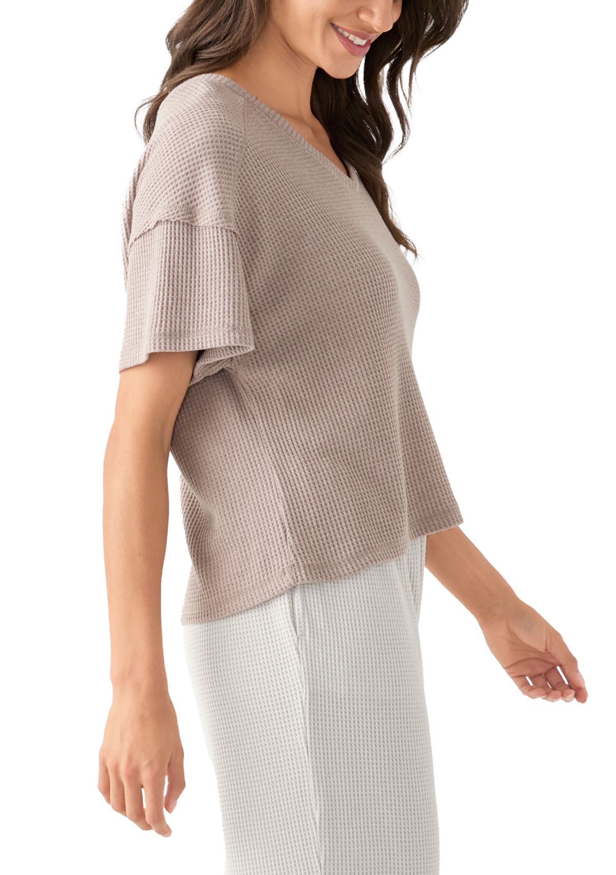 Womens Short Sleeve Waffle Knit V-Neck T-Shirt