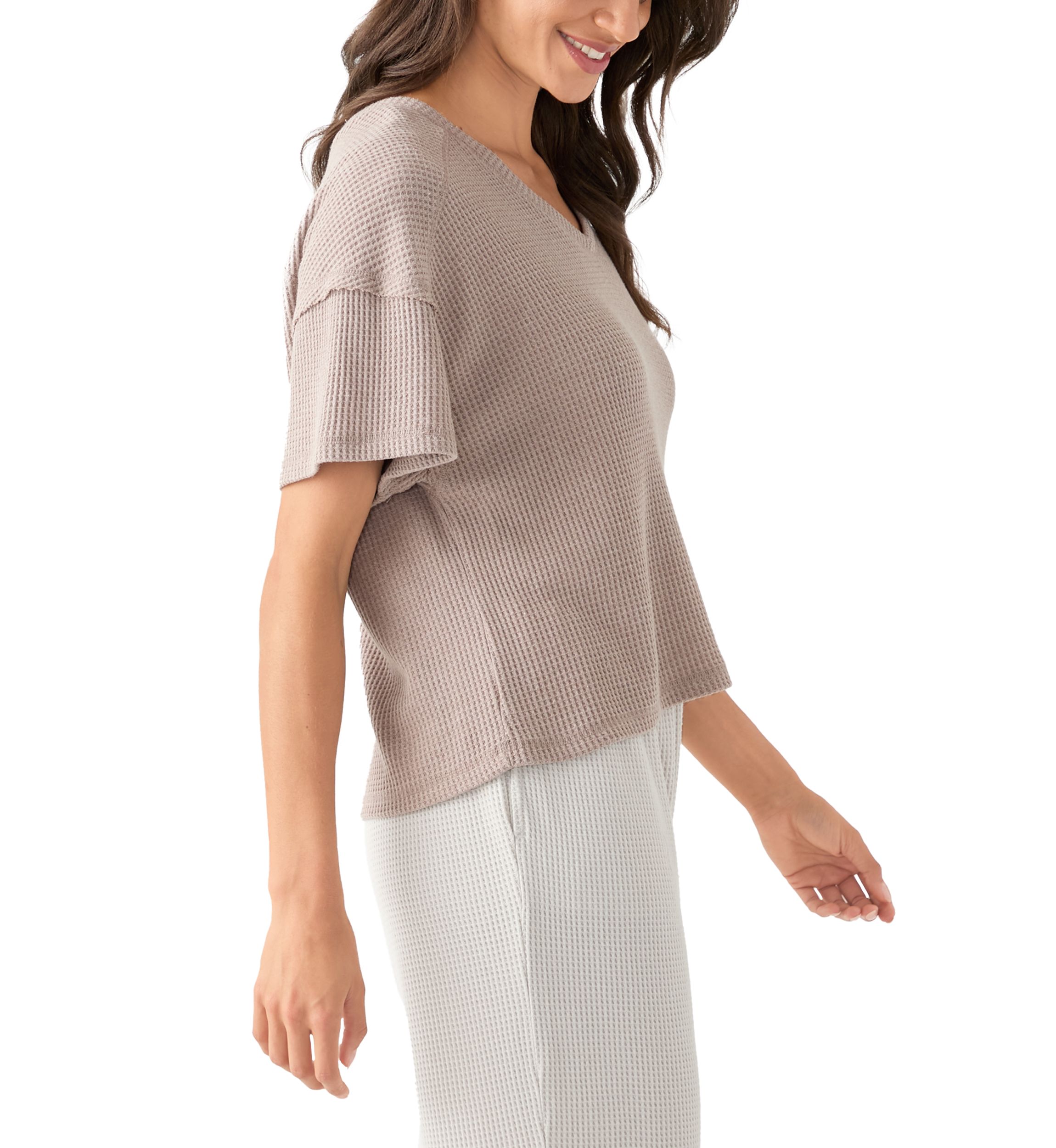Womens Short Sleeve Waffle Knit V-Neck T-Shirt