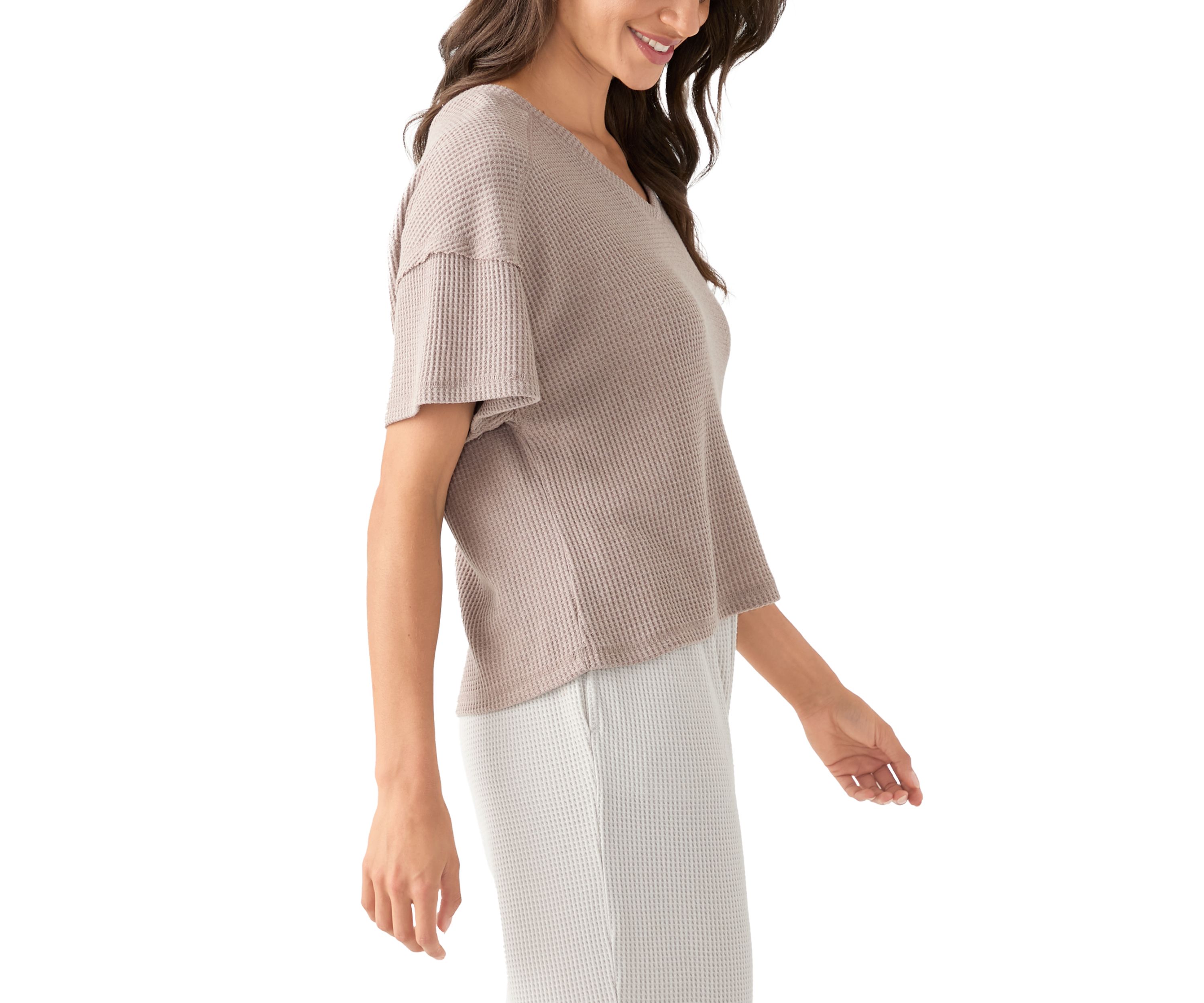 Womens Short Sleeve Waffle Knit V-Neck T-Shirt