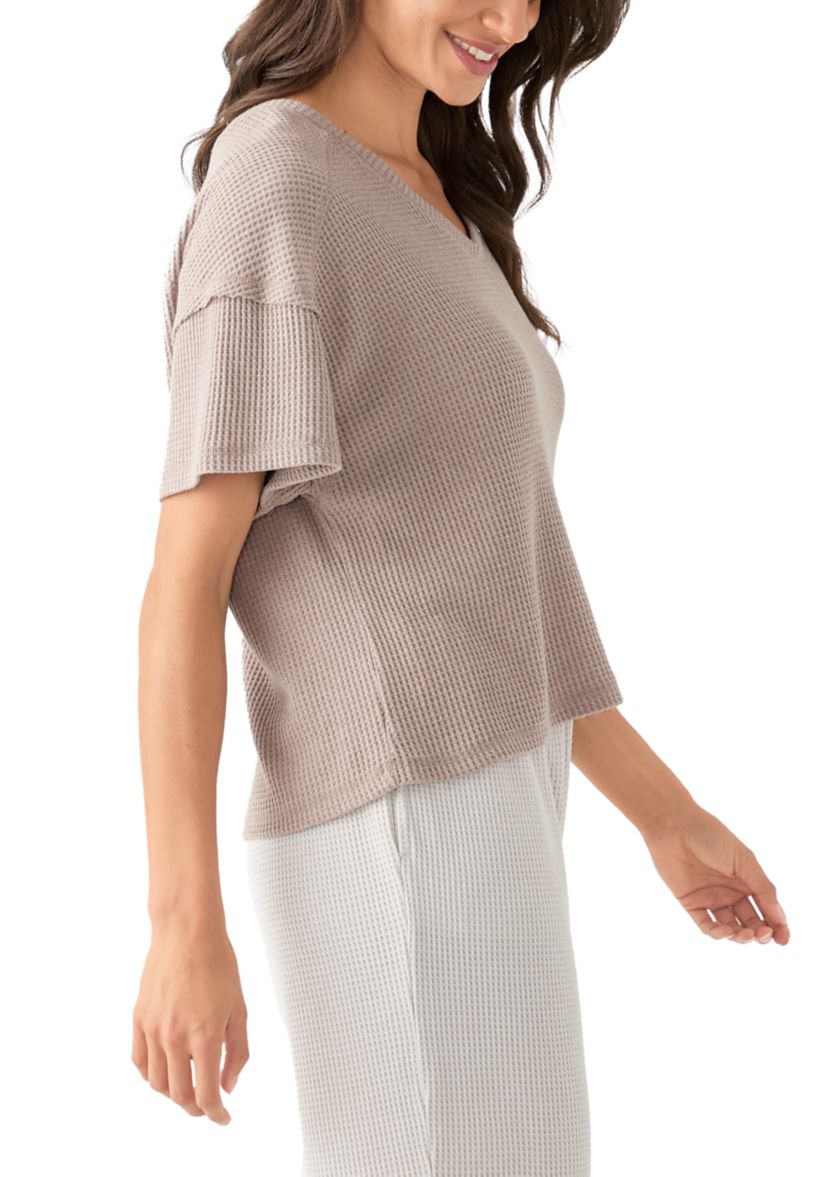 Womens Short Sleeve Waffle Knit V-Neck T-Shirt