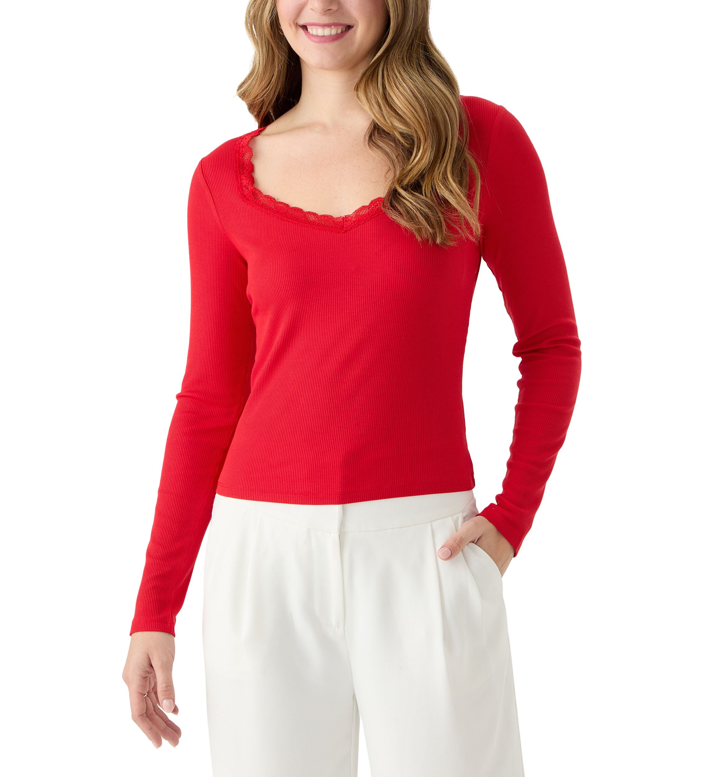 Womens Lace Trim Ribbed Knit Top