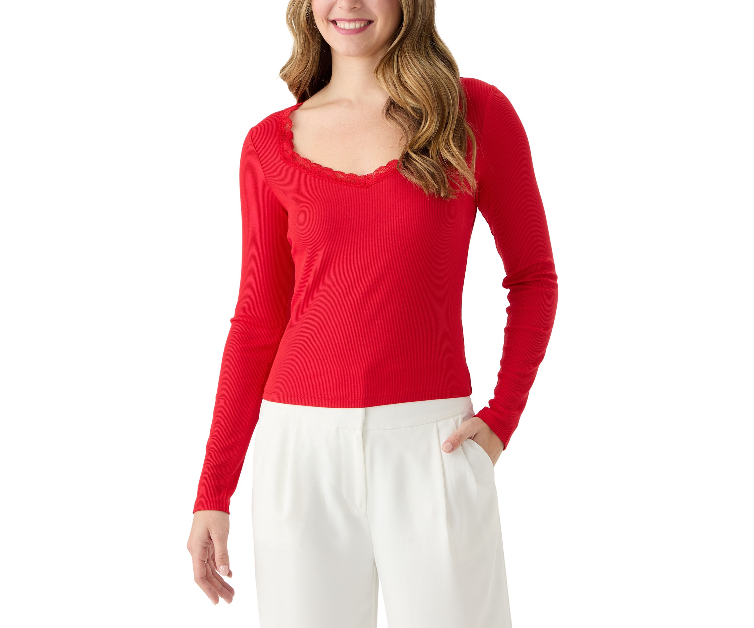 Womens Lace Trim Ribbed Knit Top