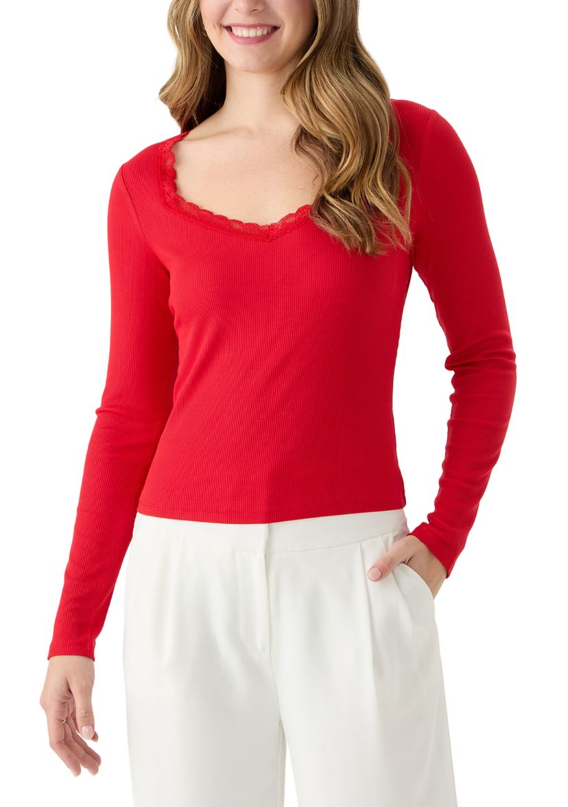 Womens Lace Trim Ribbed Knit Top