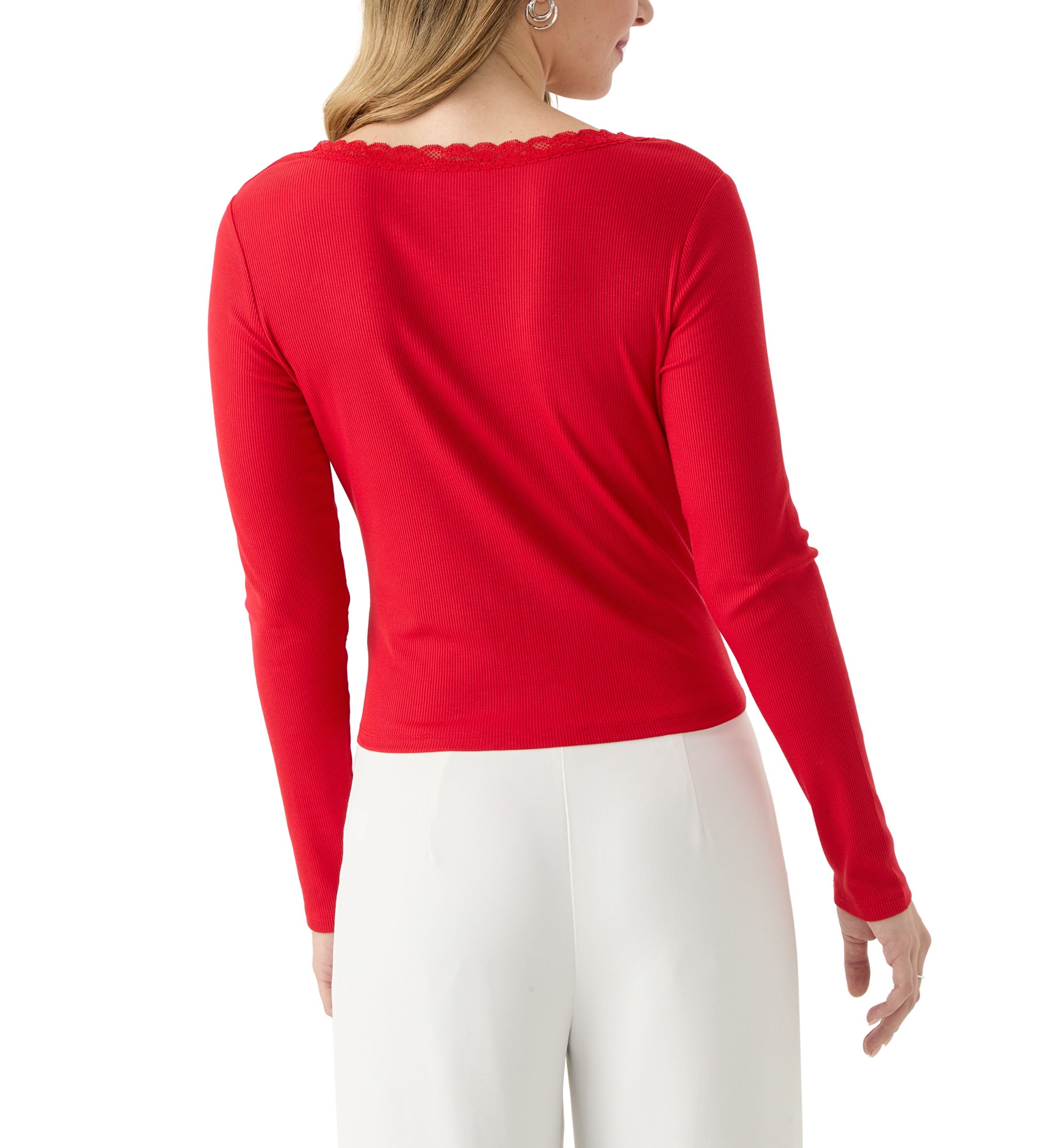 Womens Lace Trim Ribbed Knit Top