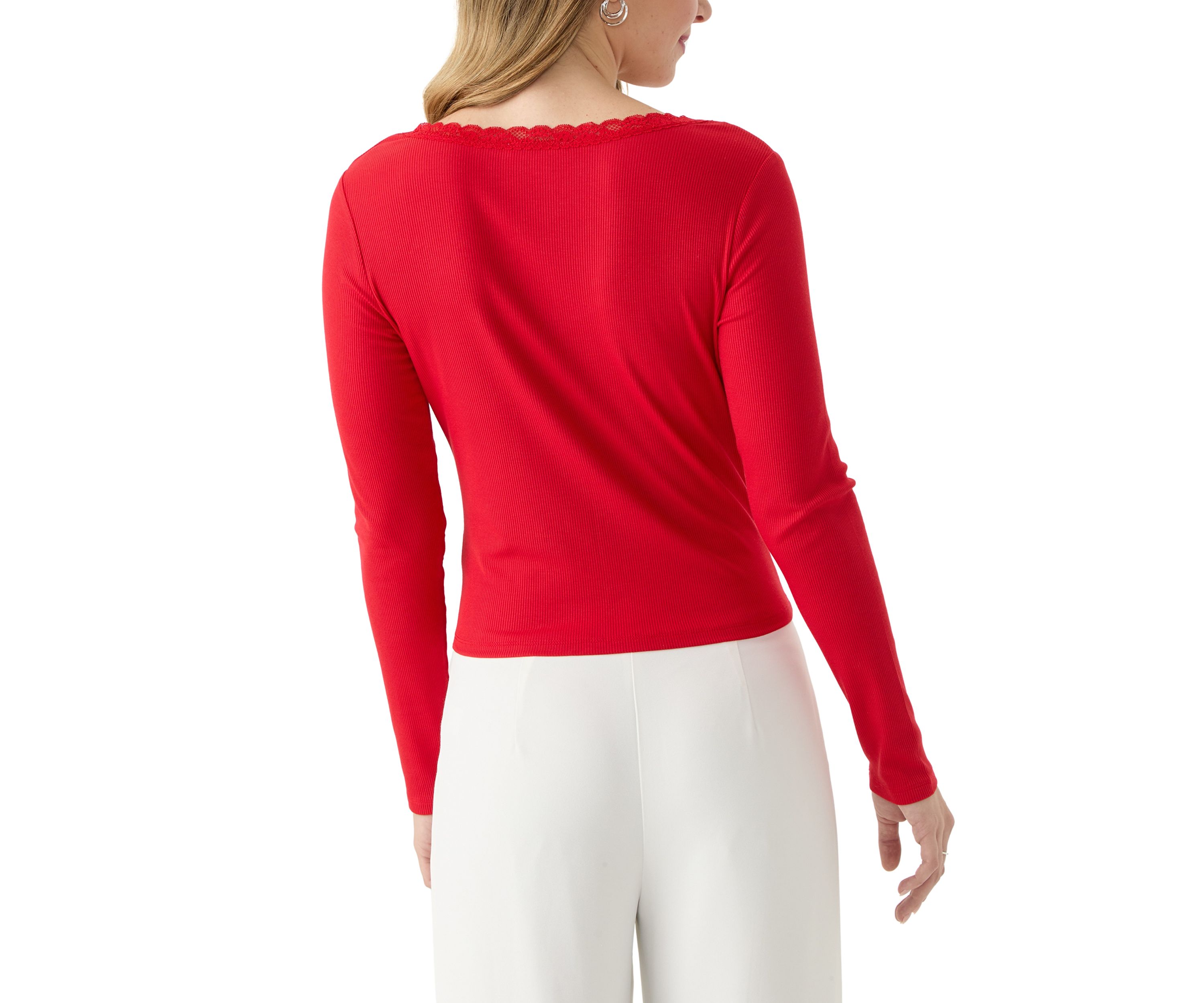 Womens Lace Trim Ribbed Knit Top