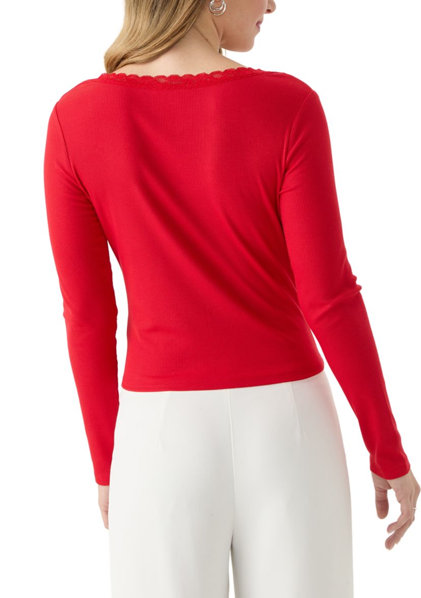 Womens Lace Trim Ribbed Knit Top