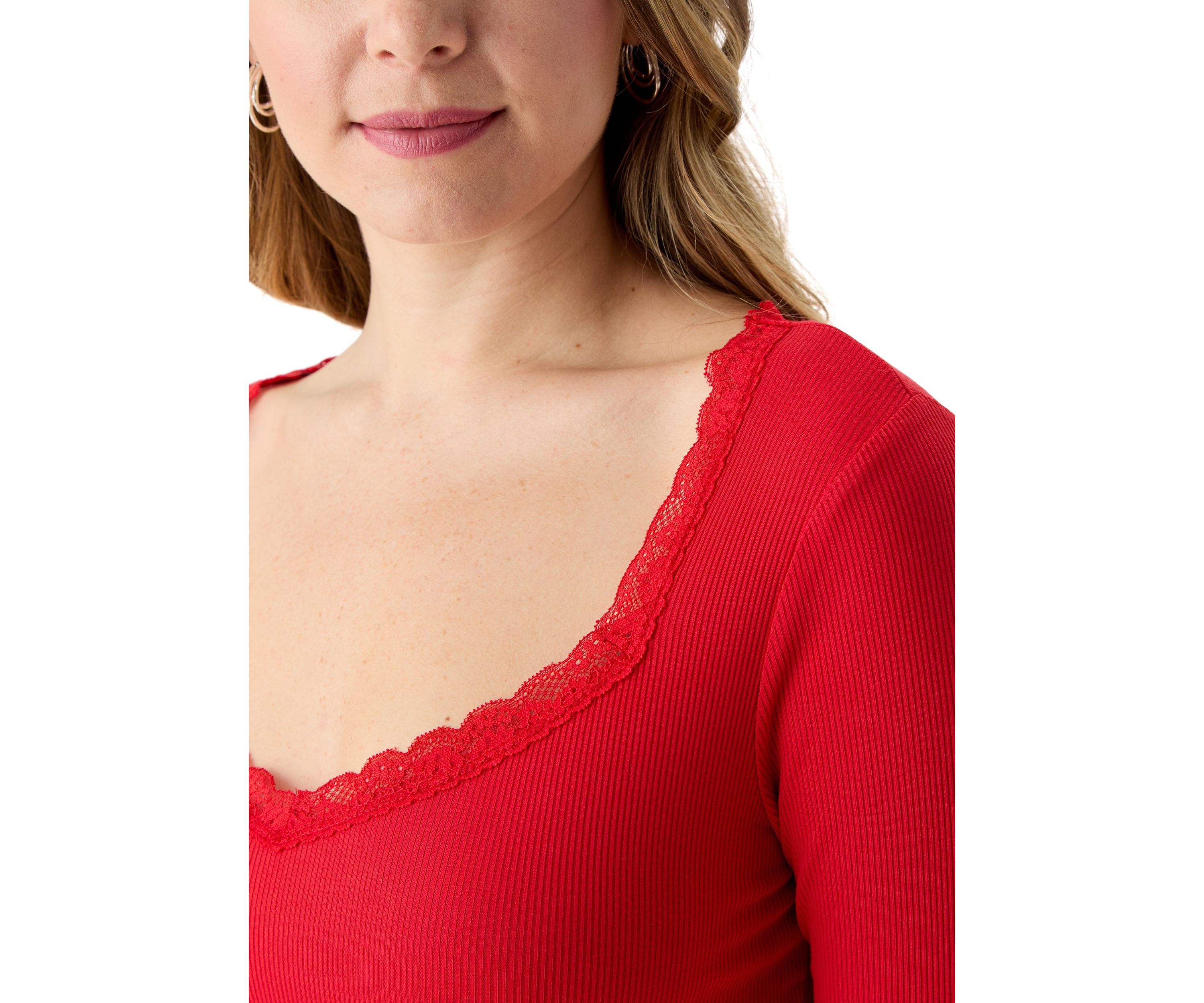 Womens Lace Trim Ribbed Knit Top