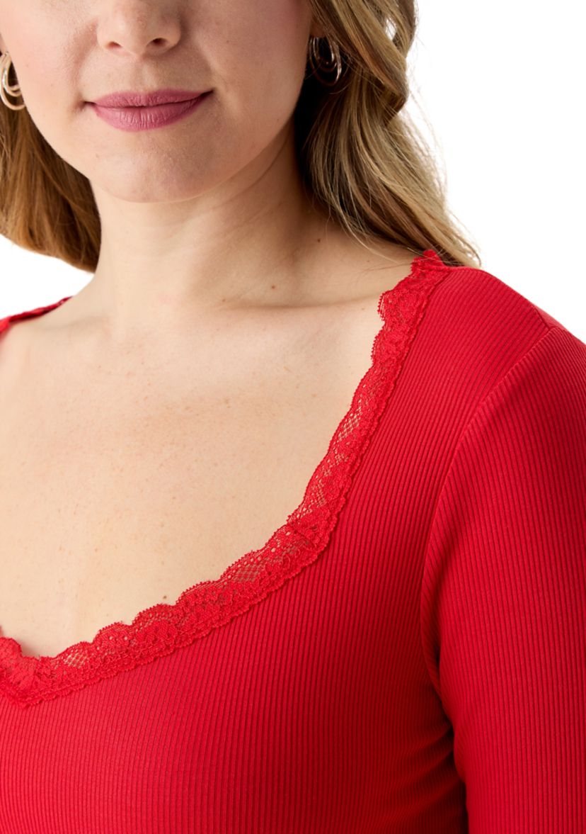 Womens Lace Trim Ribbed Knit Top