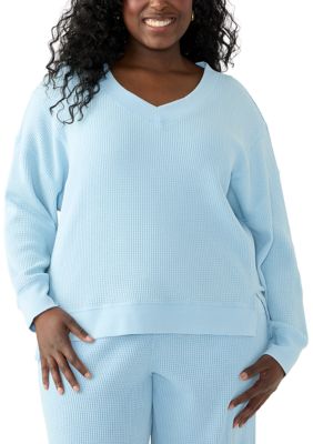 OLIVE + OAK Women's Plus Size Long Sleeve Waffle V-Neck Top