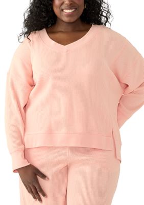 OLIVE + OAK Women's Plus Size Long Sleeve Waffle V-Neck Top, 1X
