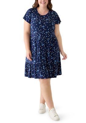 OLIVE + OAK Women's Plus Size Flutter Sleeve Tiered Dress, Navy Blue, 3X