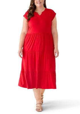 OLIVE + OAK Women's Plus Size Short Sleeve Tiered Midi Dress