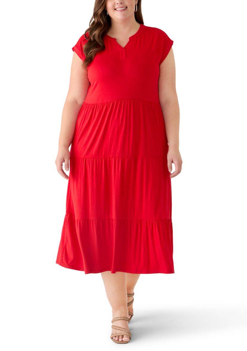 OLIVE + OAK Plus Size Short Sleeve Tiered Midi Dress | Belk