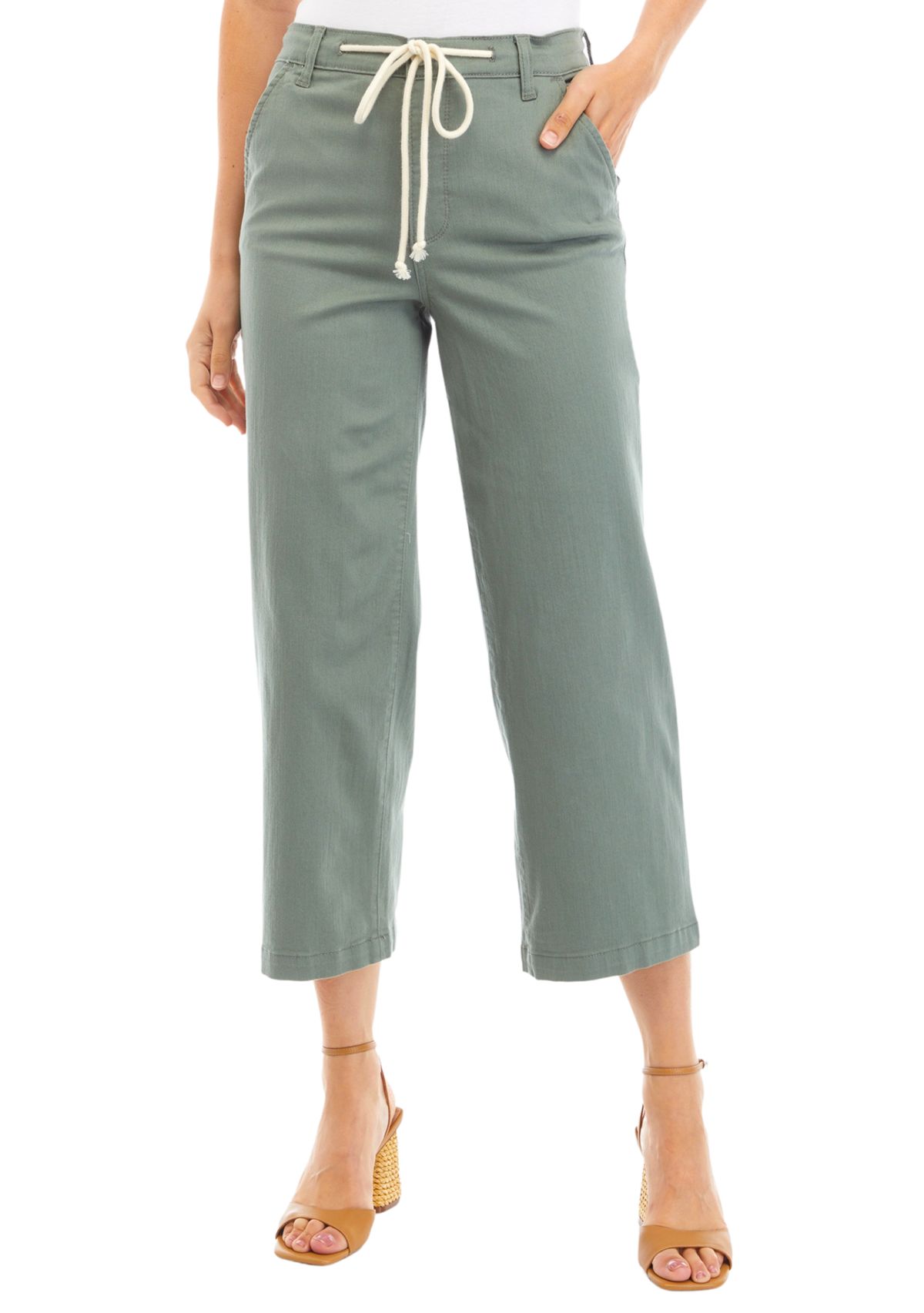 Womens Wide Leg Cropped Pants with Rope Belt 