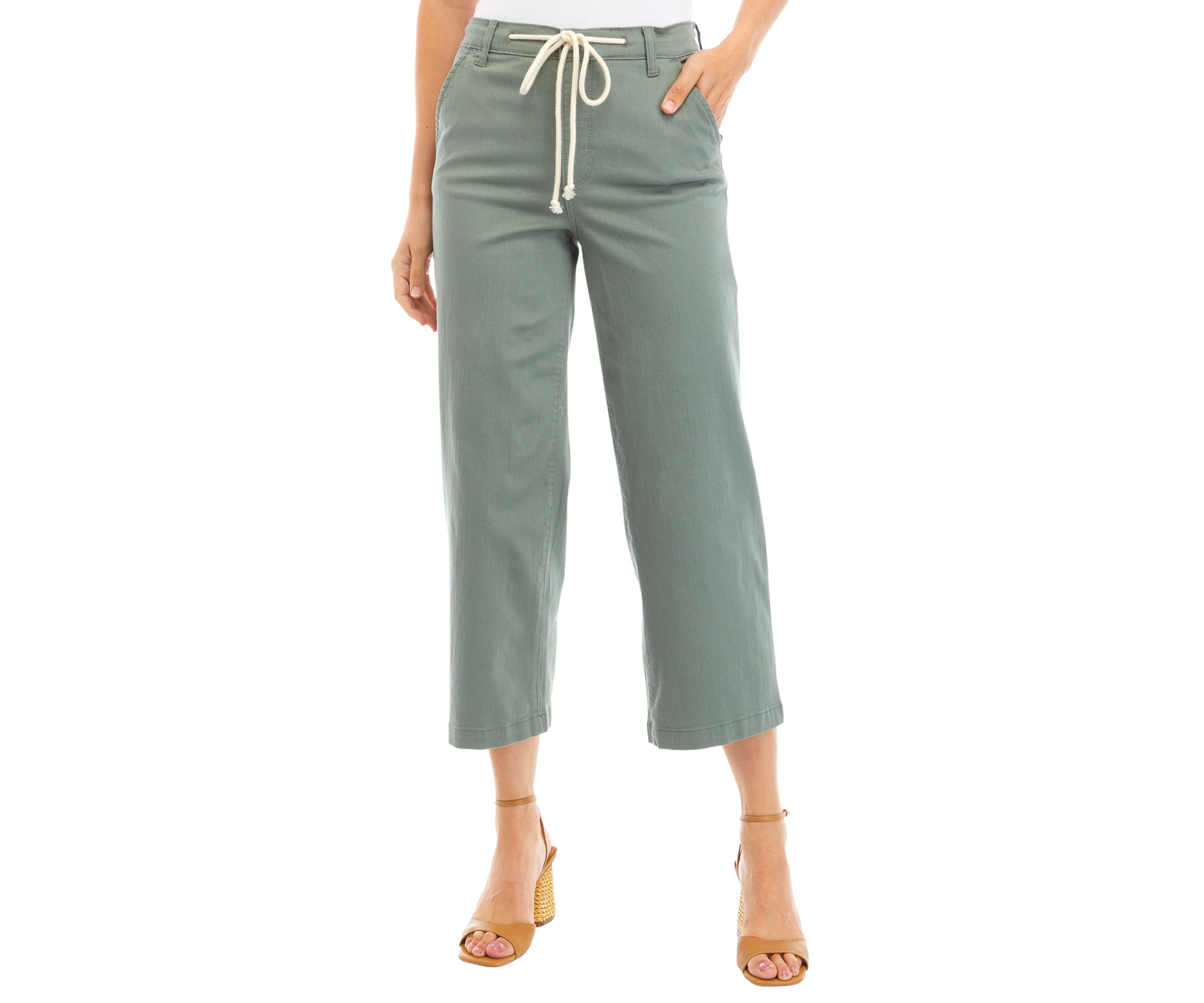 Womens Wide Leg Cropped Pants with Rope Belt 
