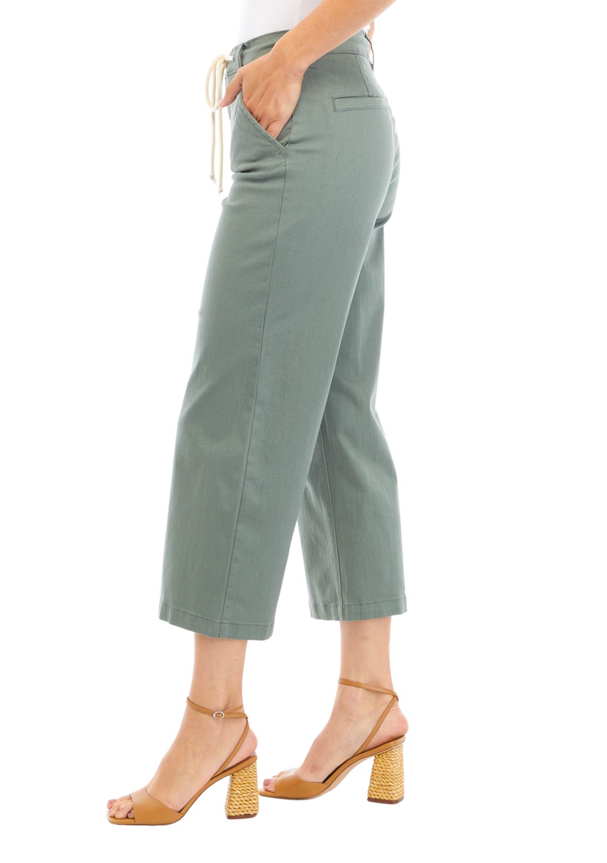 Womens Wide Leg Cropped Pants with Rope Belt 