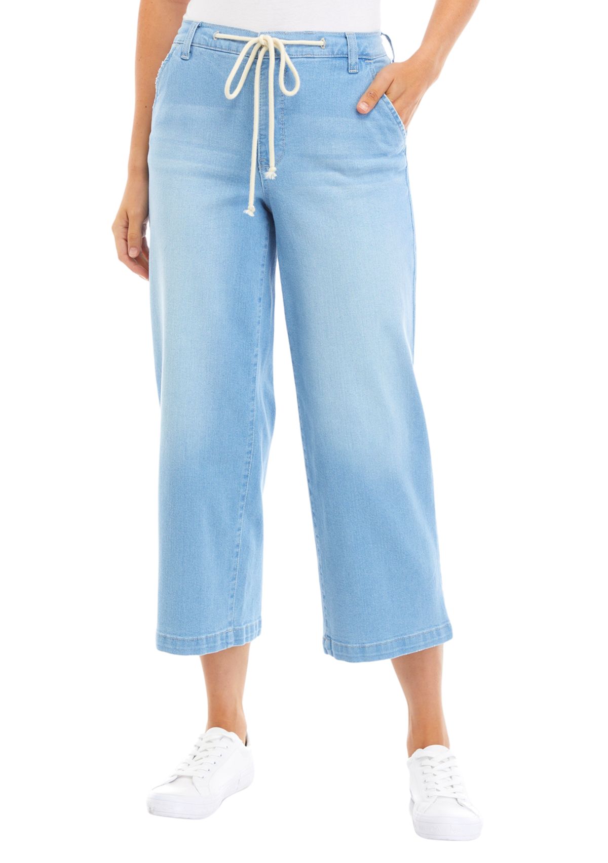  Womens Wide Leg Cropped Pants with Rope Belt 