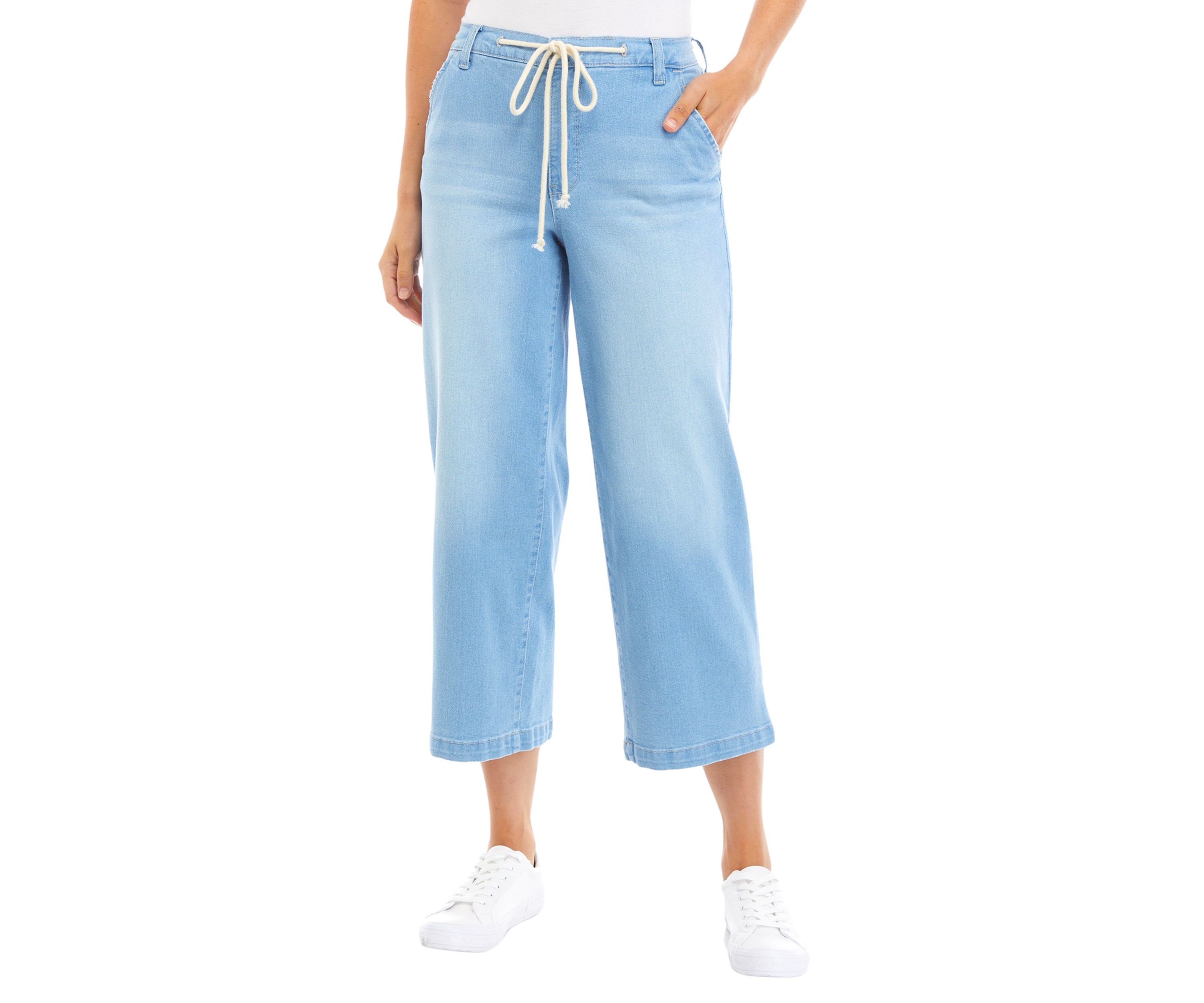  Womens Wide Leg Cropped Pants with Rope Belt 