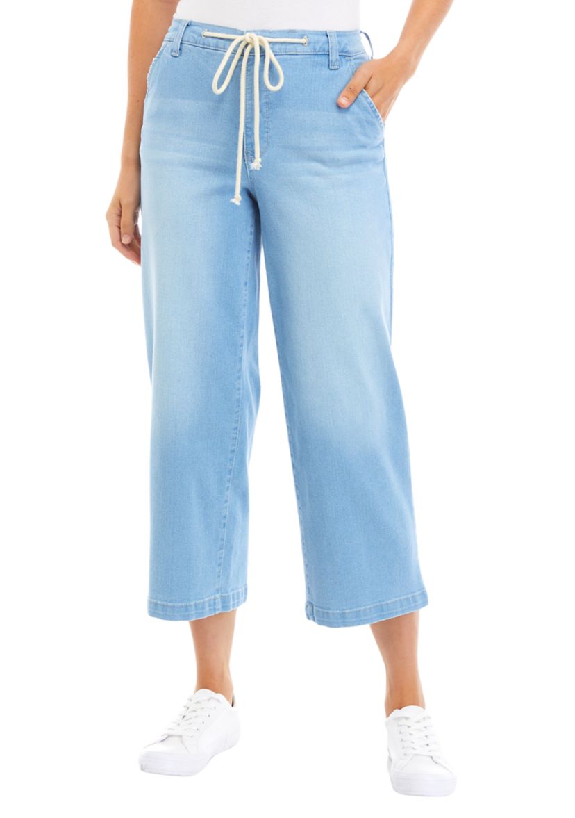  Womens Wide Leg Cropped Pants with Rope Belt 