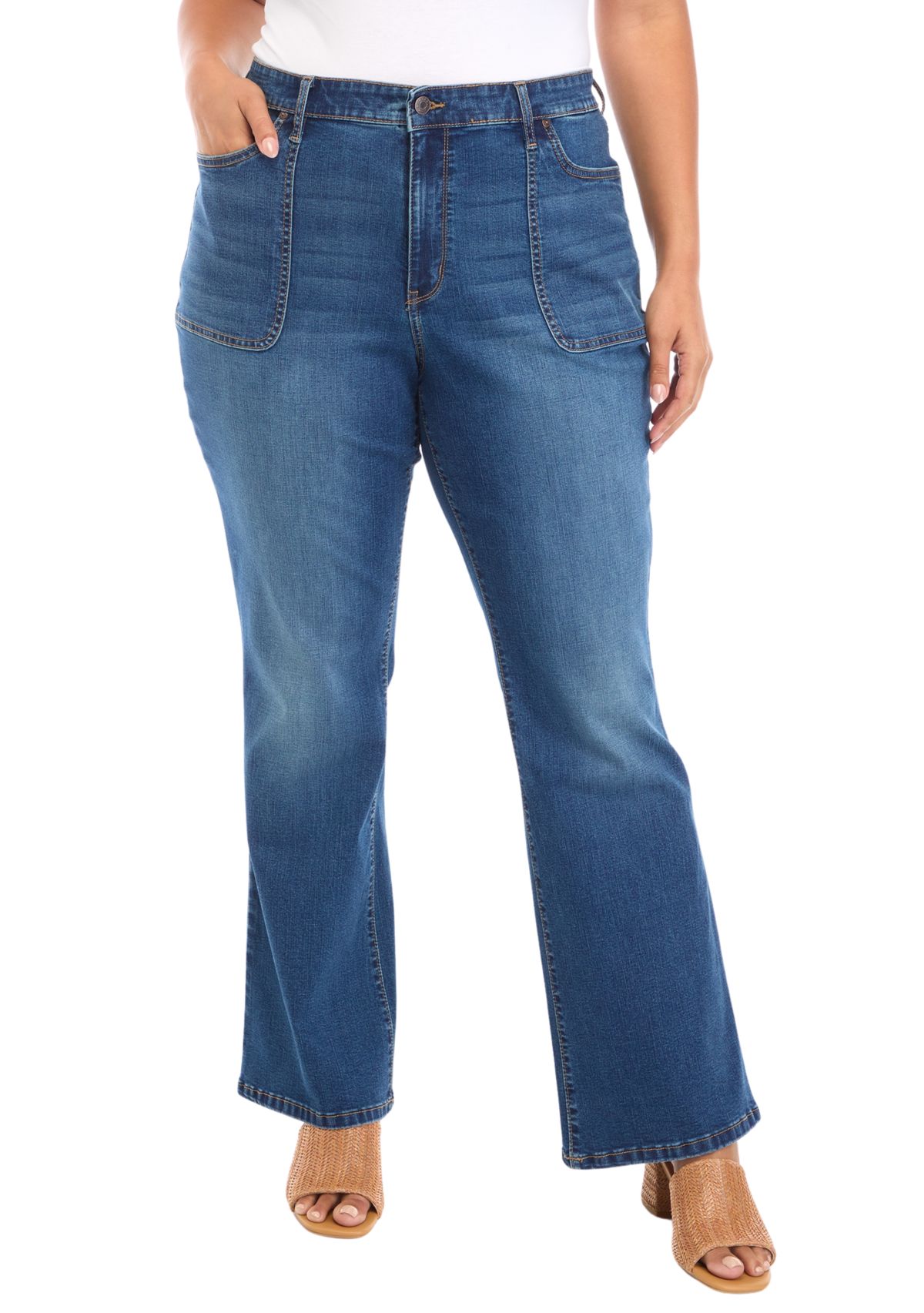 Plus Size Patch Pocket Flare Jeans 