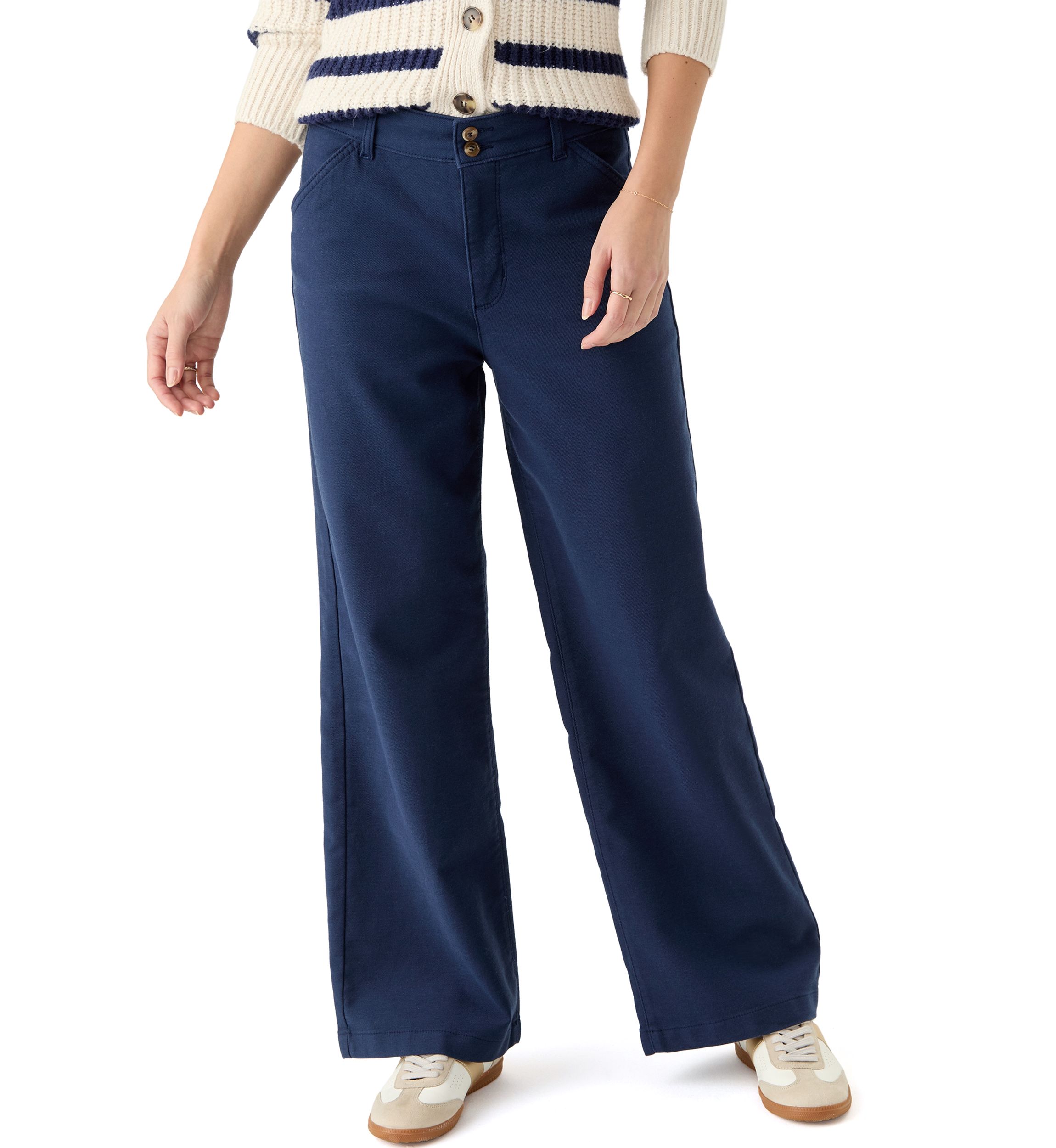 Womens High Rise Double Button Wide Leg Pants