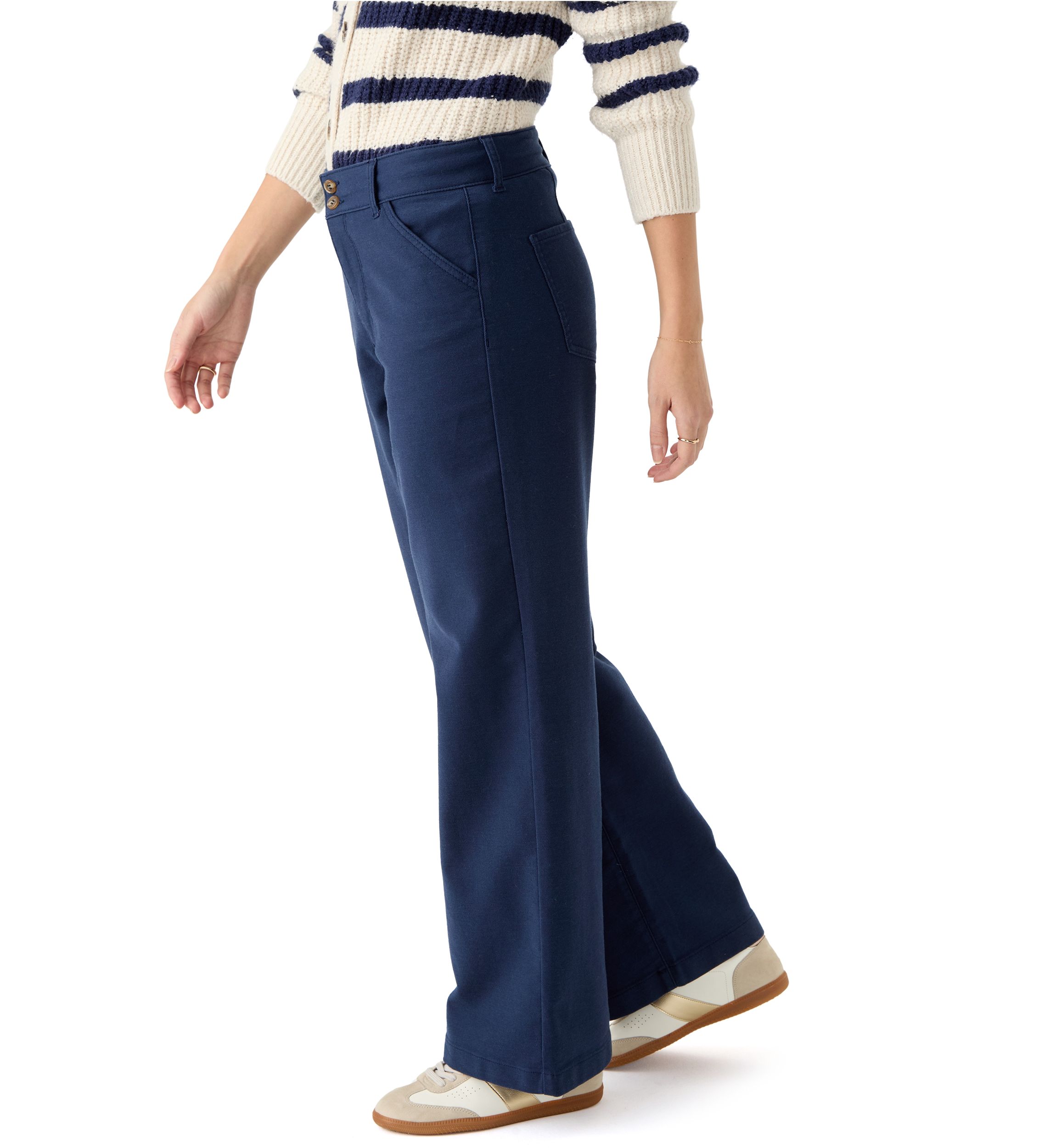 Womens High Rise Double Button Wide Leg Pants
