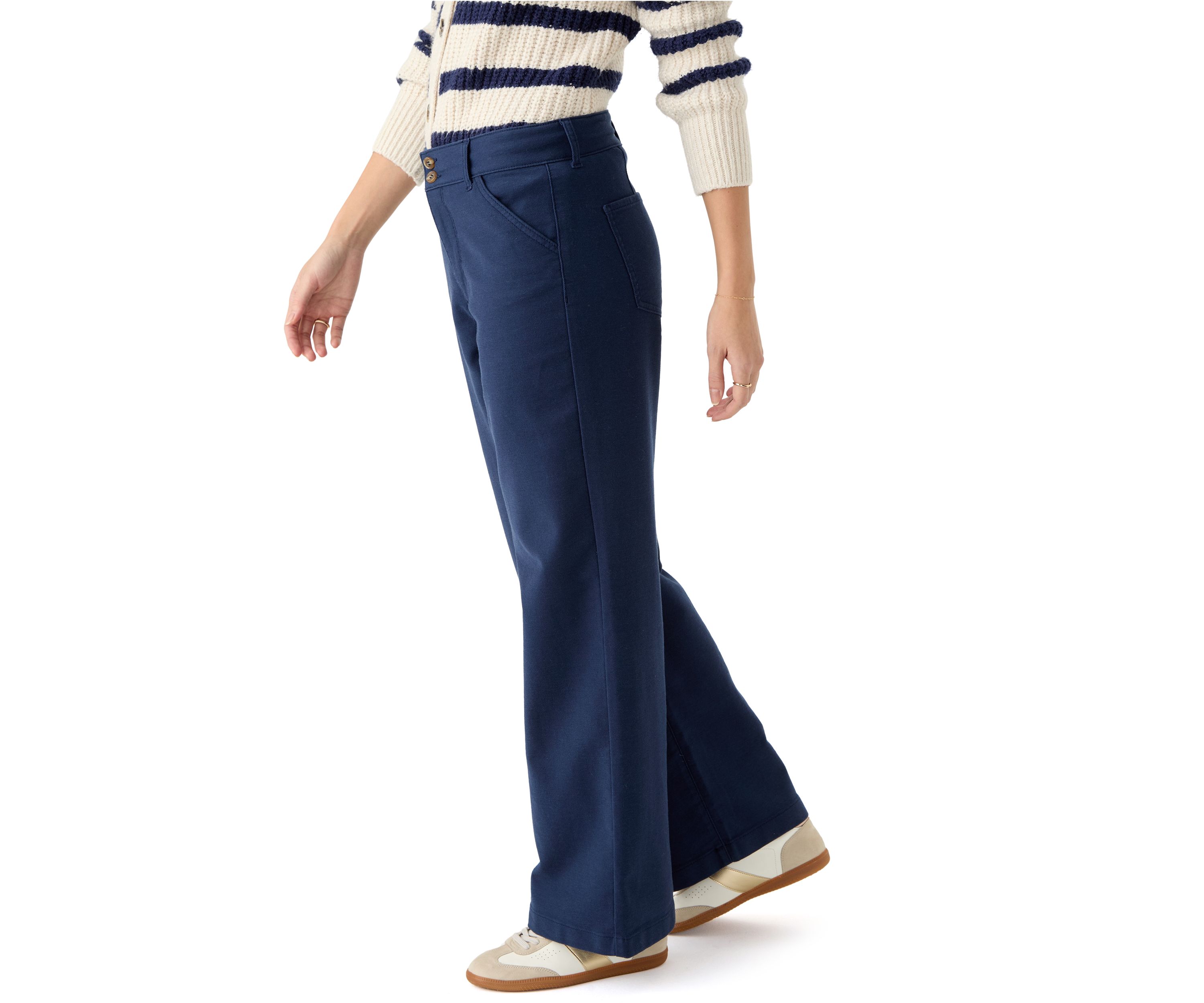 Womens High Rise Double Button Wide Leg Pants