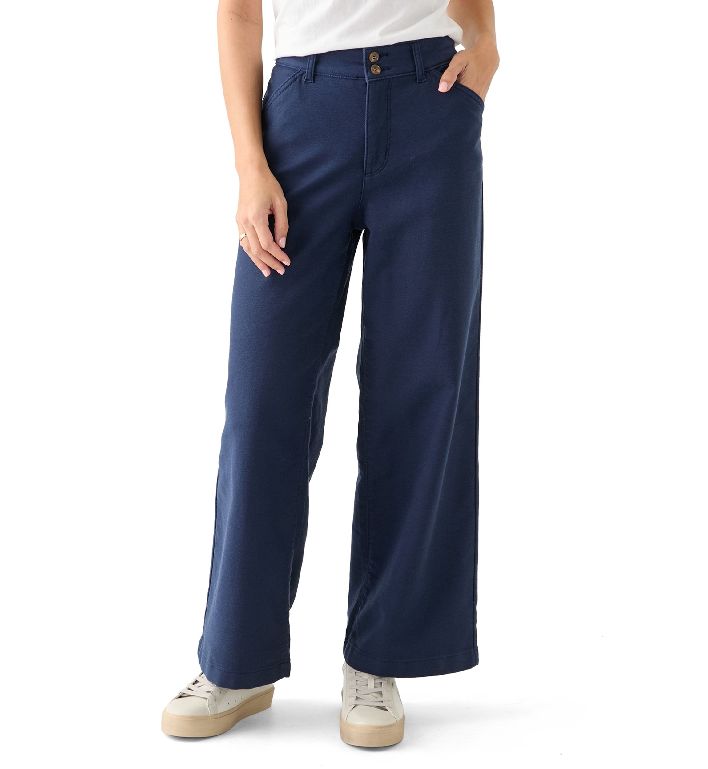 Petite High Rise Double Button Wide Leg Pants