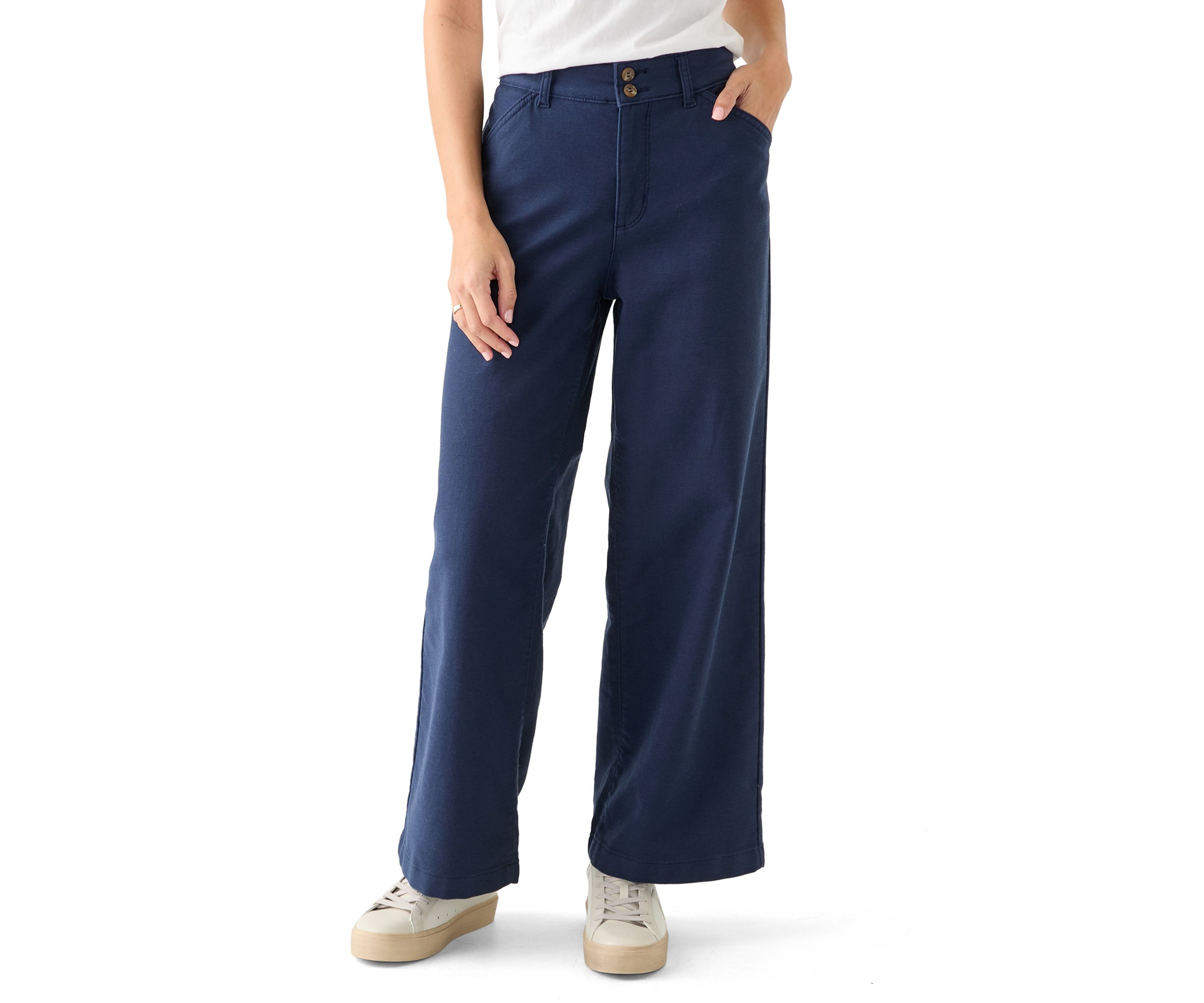 Petite High Rise Double Button Wide Leg Pants