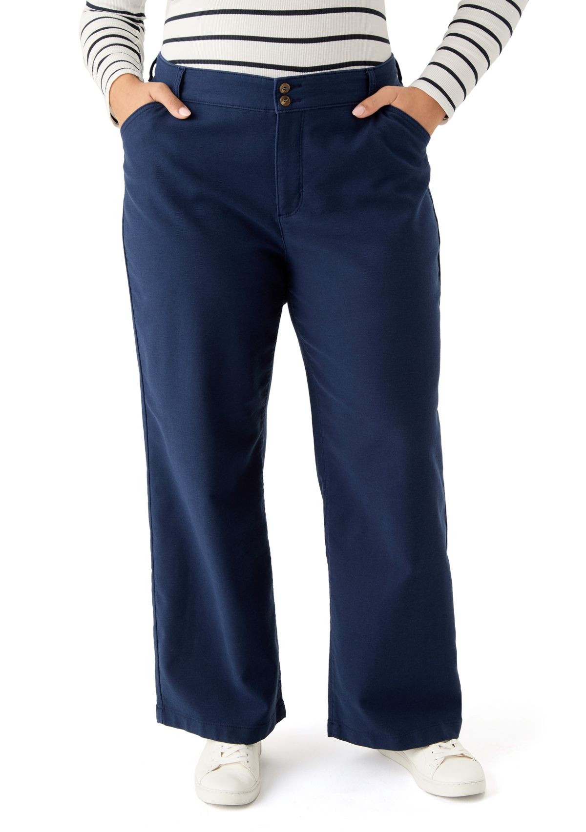 Plus Size Mid Rise Double Button Wide Leg Pants