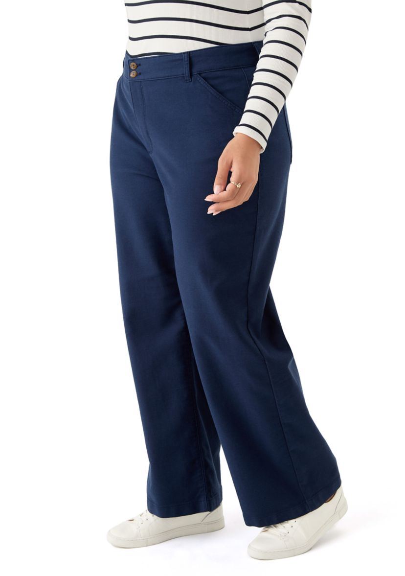 Plus Size Mid Rise Double Button Wide Leg Pants
