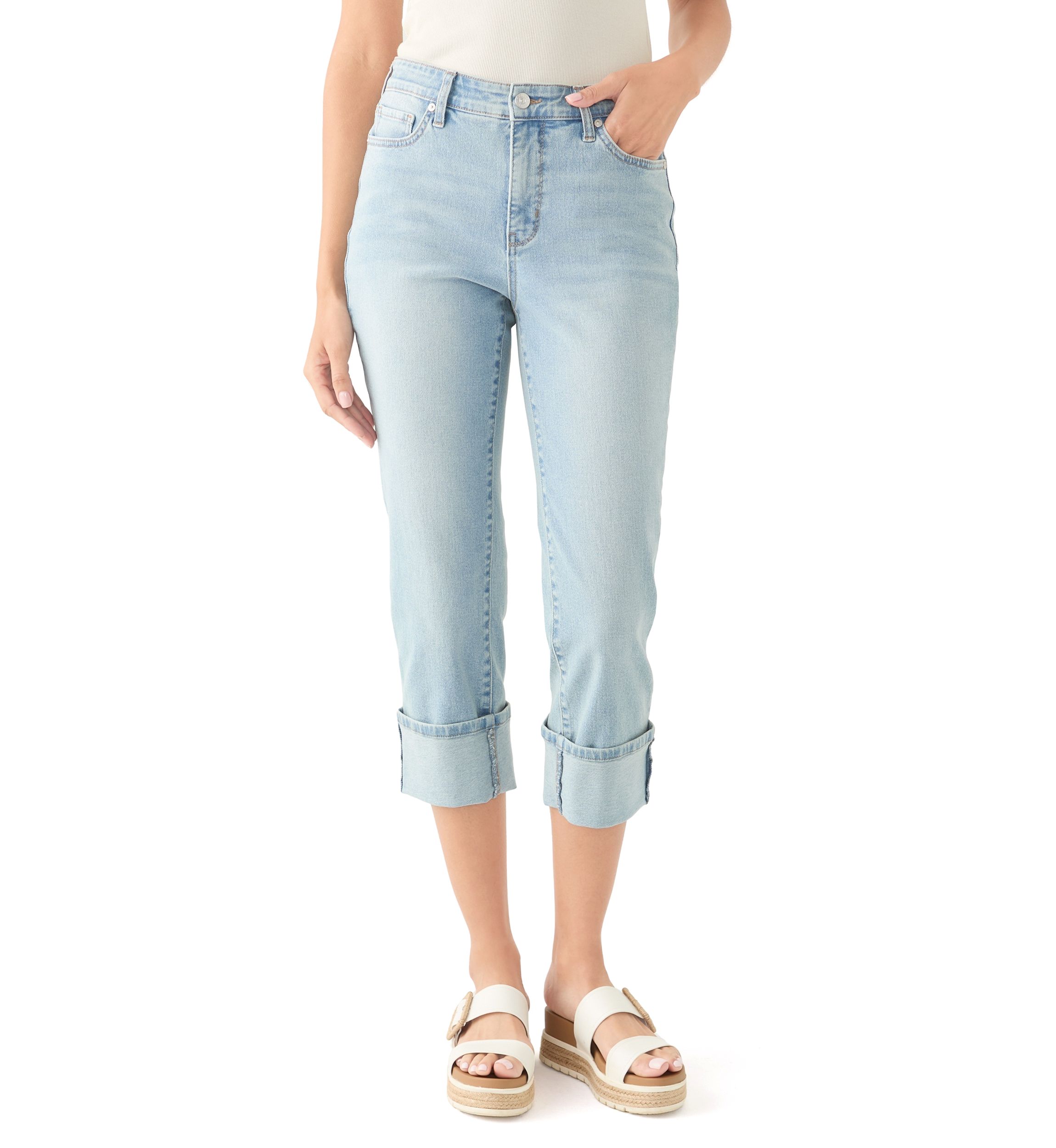 Petite Mid Rise Cuff Straight Jeans