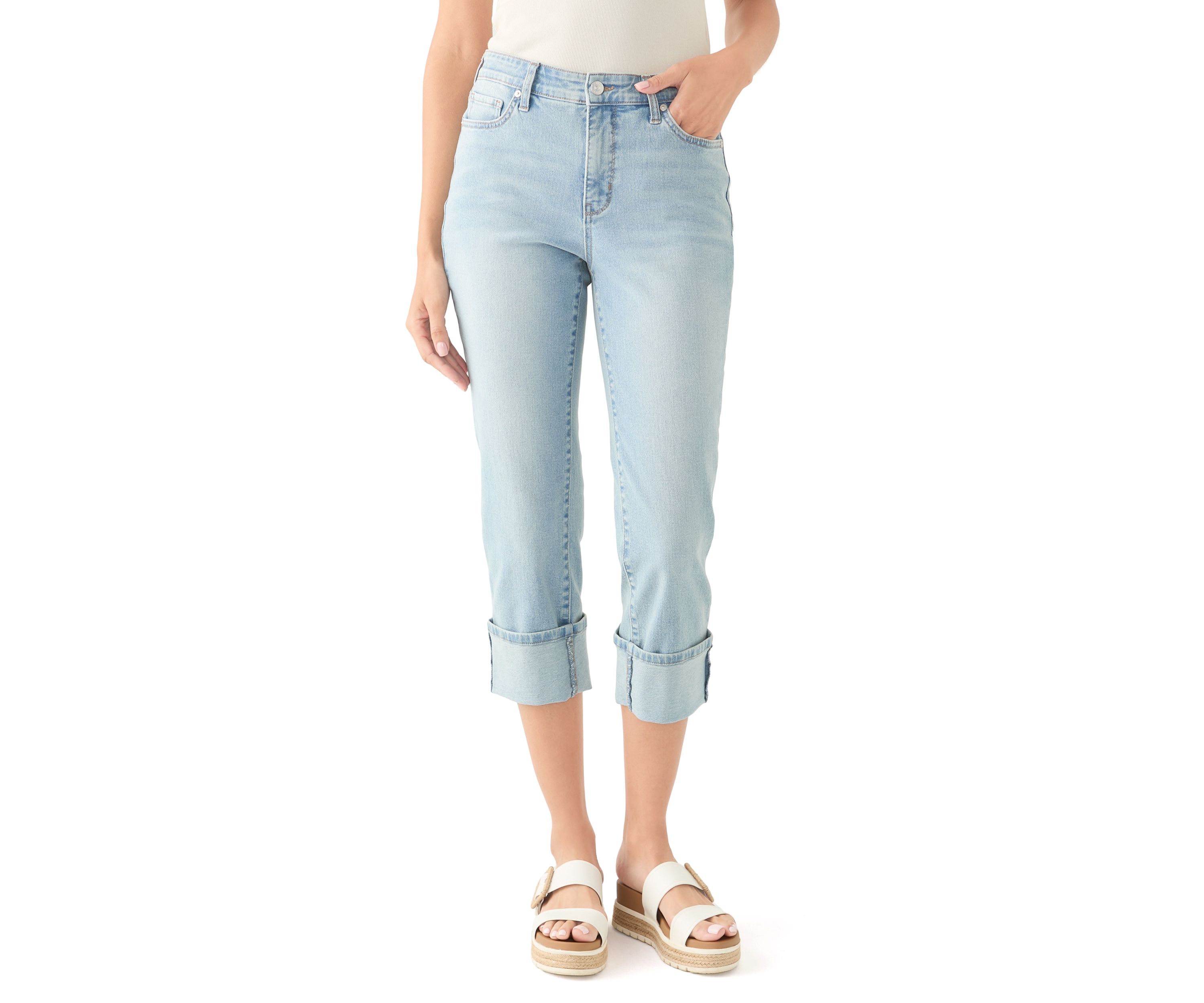 Petite Mid Rise Cuff Straight Jeans