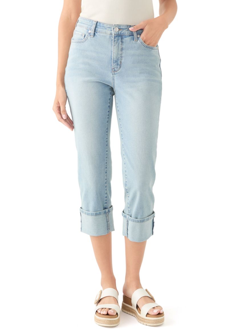 Petite Mid Rise Cuff Straight Jeans