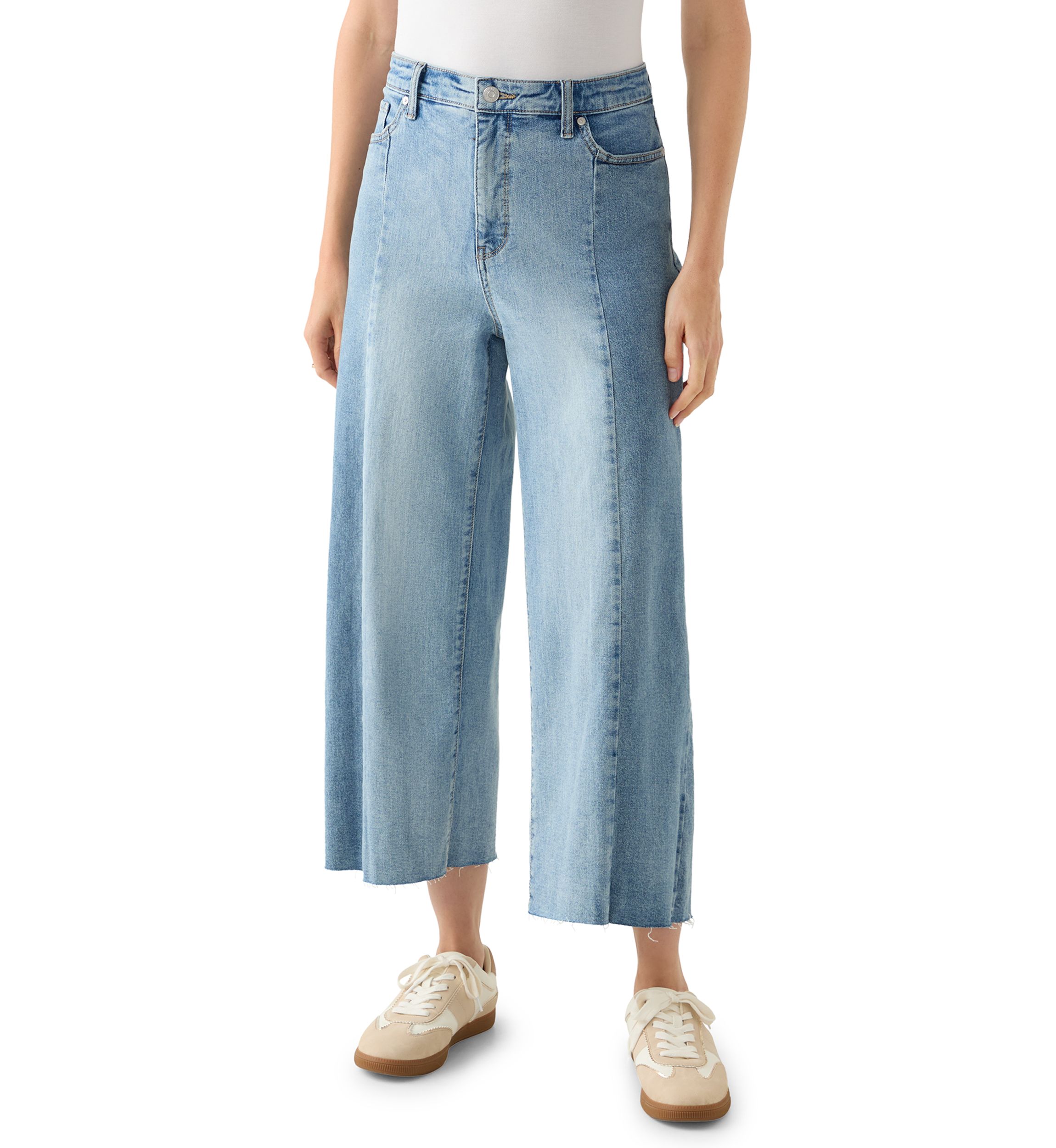 Womens High-Rise Front Slit Wide Cropped-Leg Pants