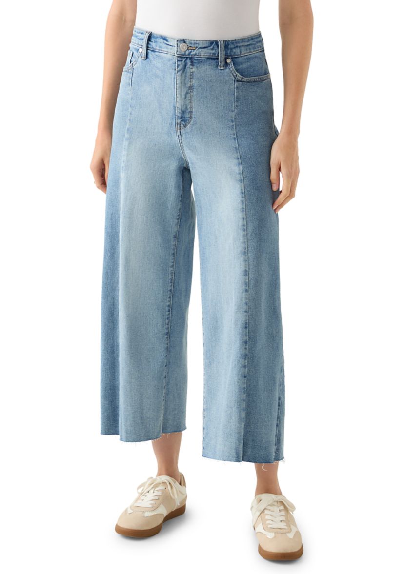 Womens High-Rise Front Slit Wide Cropped-Leg Pants