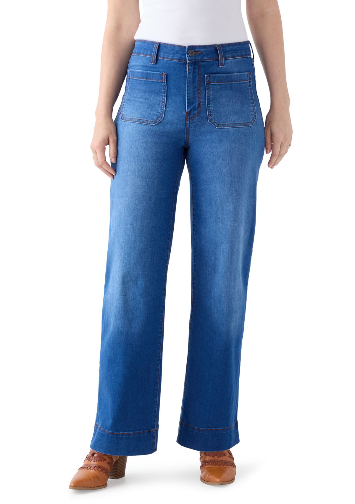 Womens High Rise Patch Pocket Wide Leg Jeans