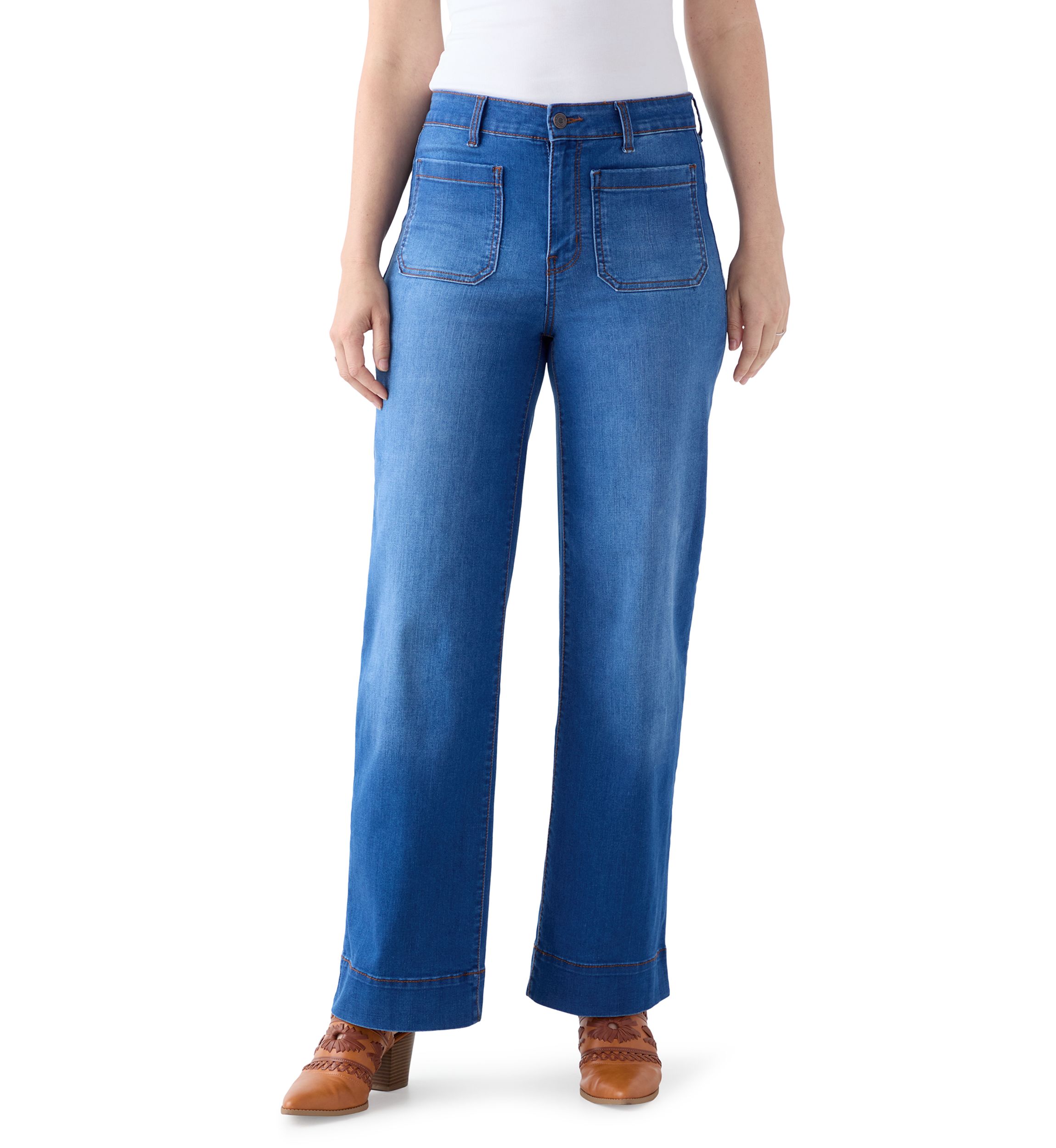 Womens High Rise Patch Pocket Wide Leg Jeans