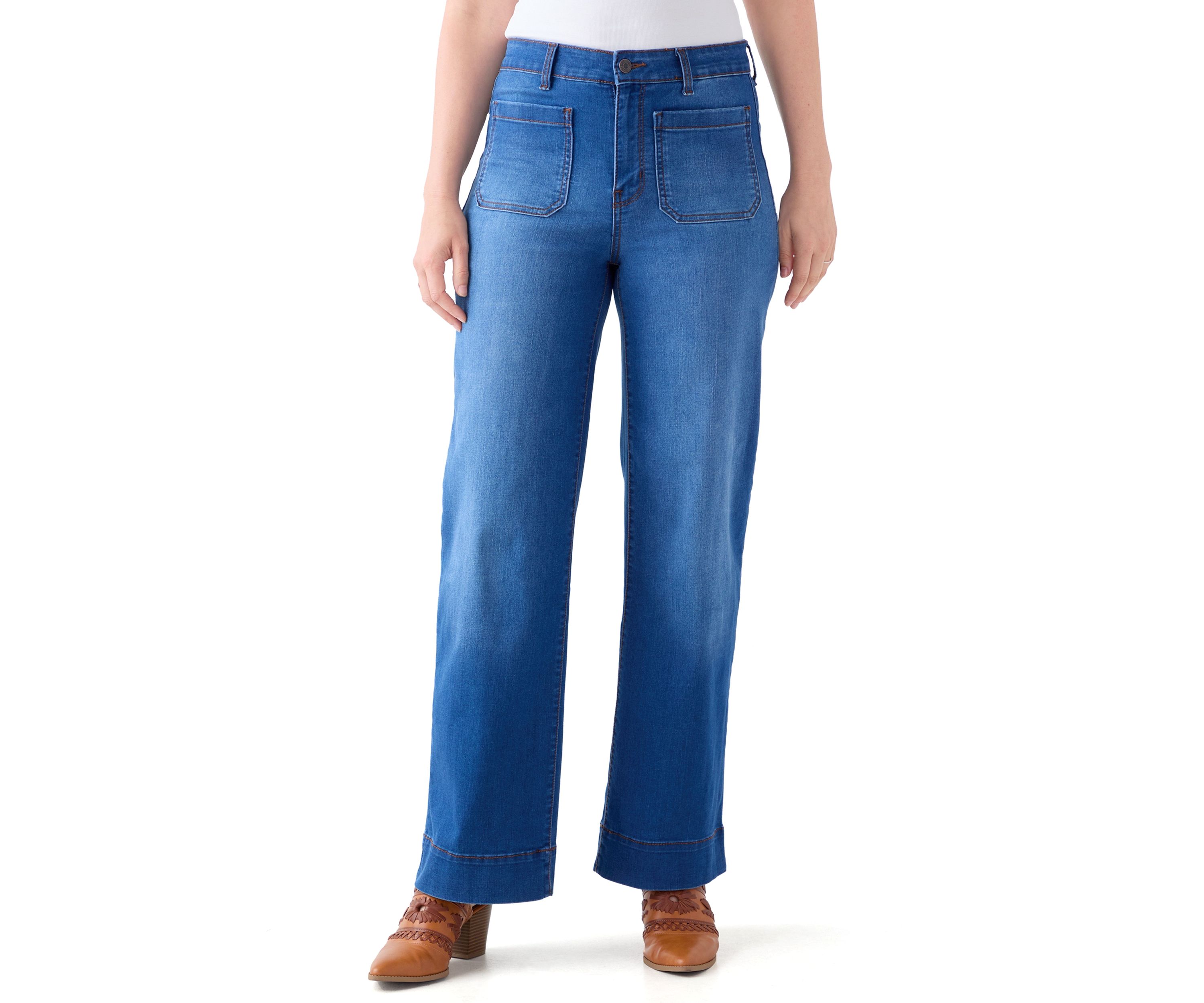 Womens High Rise Patch Pocket Wide Leg Jeans