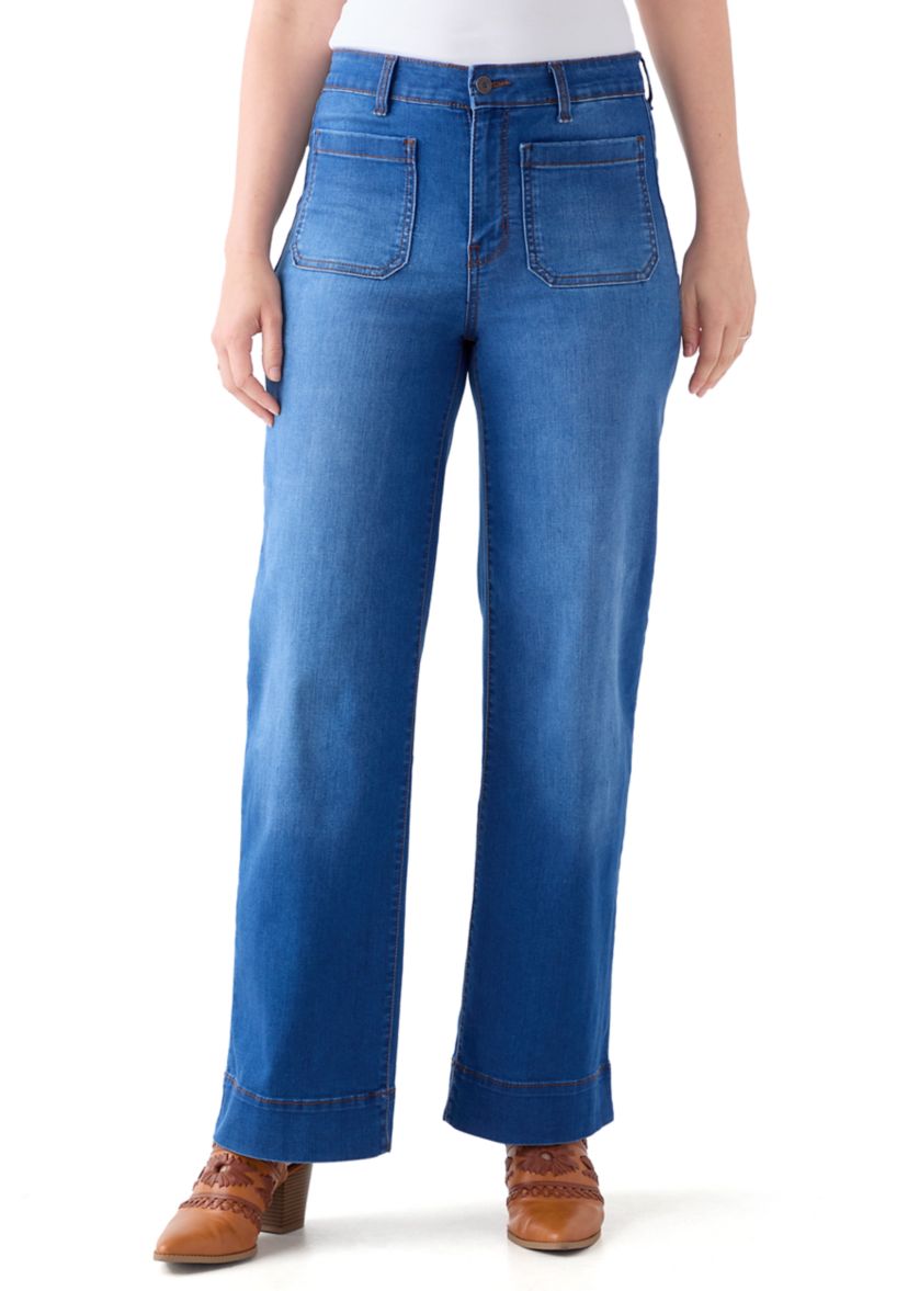 Womens High Rise Patch Pocket Wide Leg Jeans