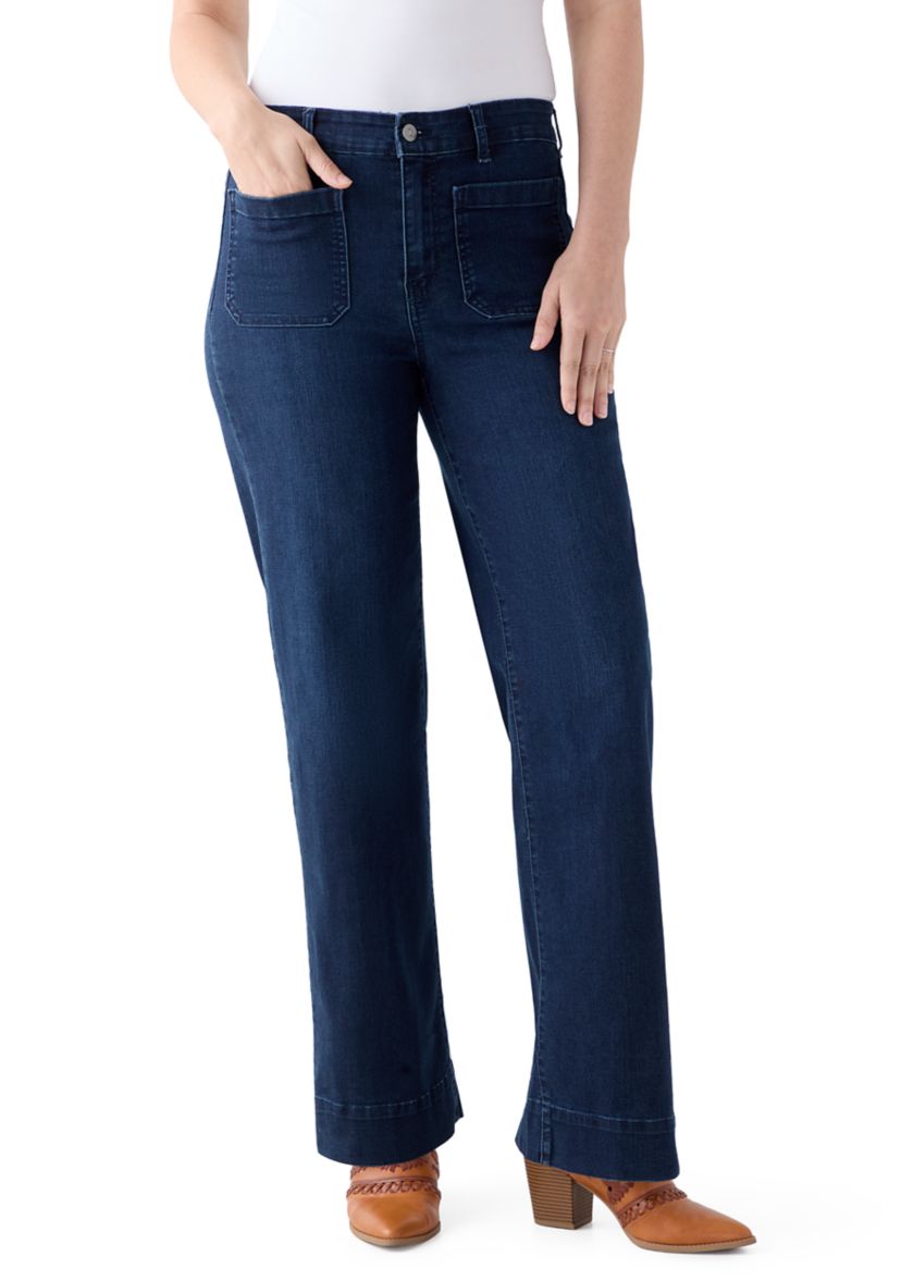 Womens High Rise Patch Pocket Wide Leg Jeans