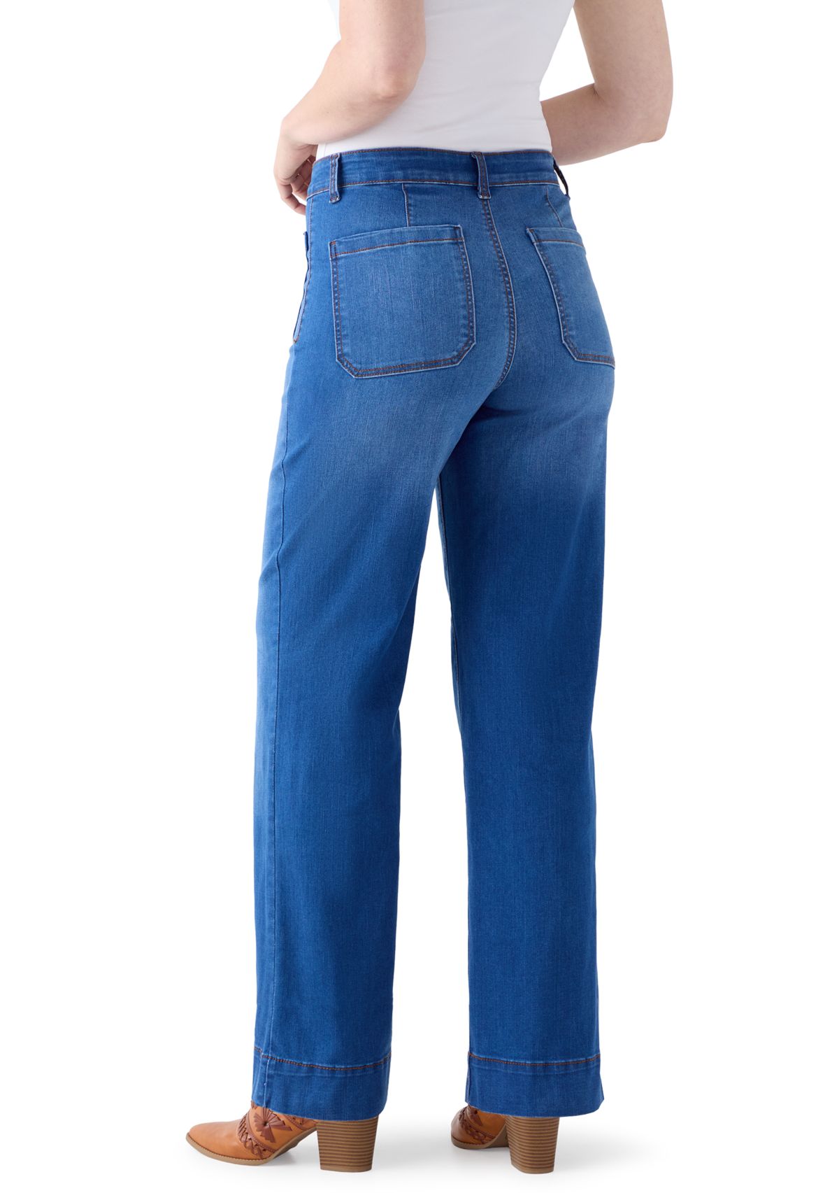Womens High Rise Patch Pocket Wide Leg Jeans