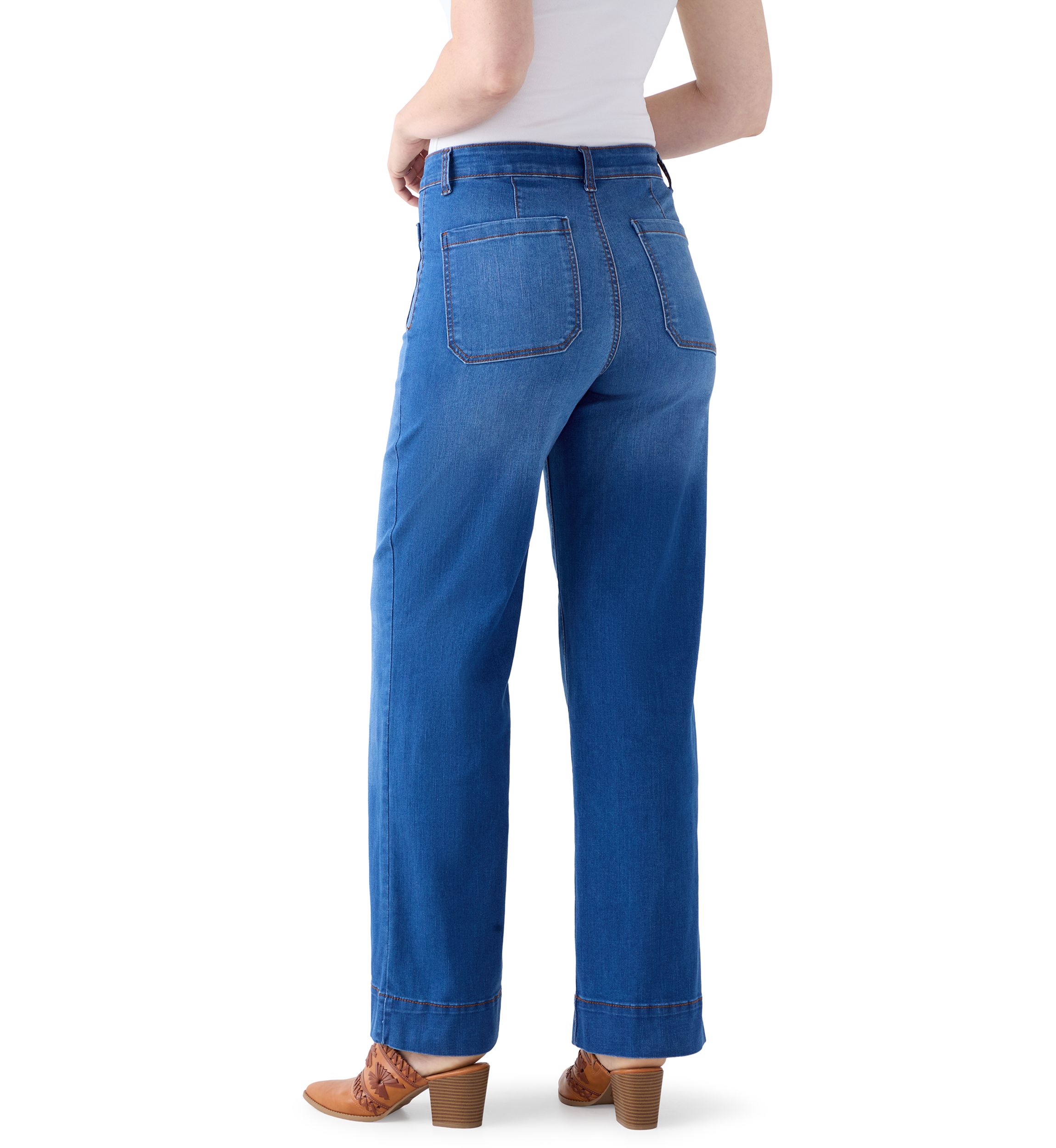Womens High Rise Patch Pocket Wide Leg Jeans