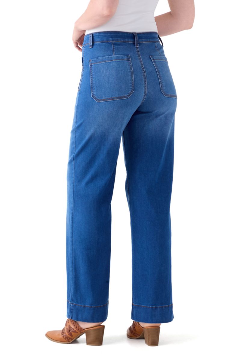 Womens High Rise Patch Pocket Wide Leg Jeans