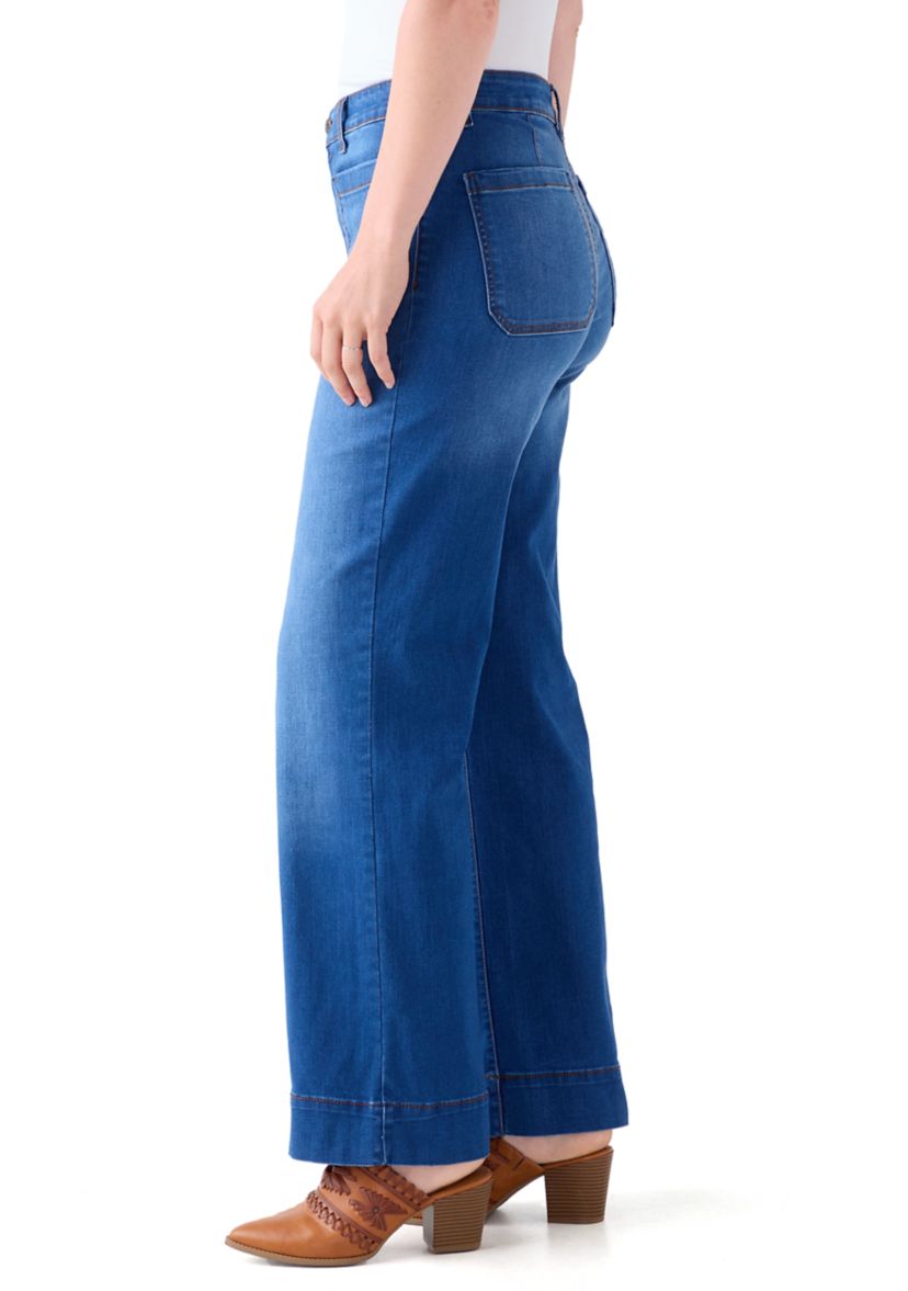 Womens High Rise Patch Pocket Wide Leg Jeans
