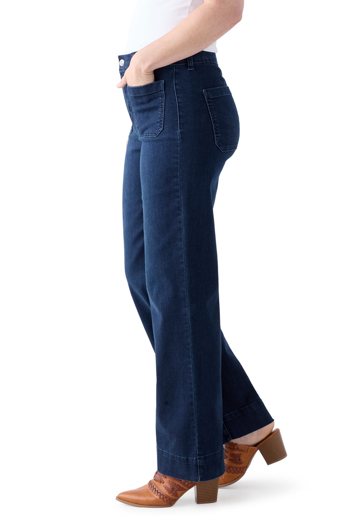 Womens High Rise Patch Pocket Wide Leg Jeans
