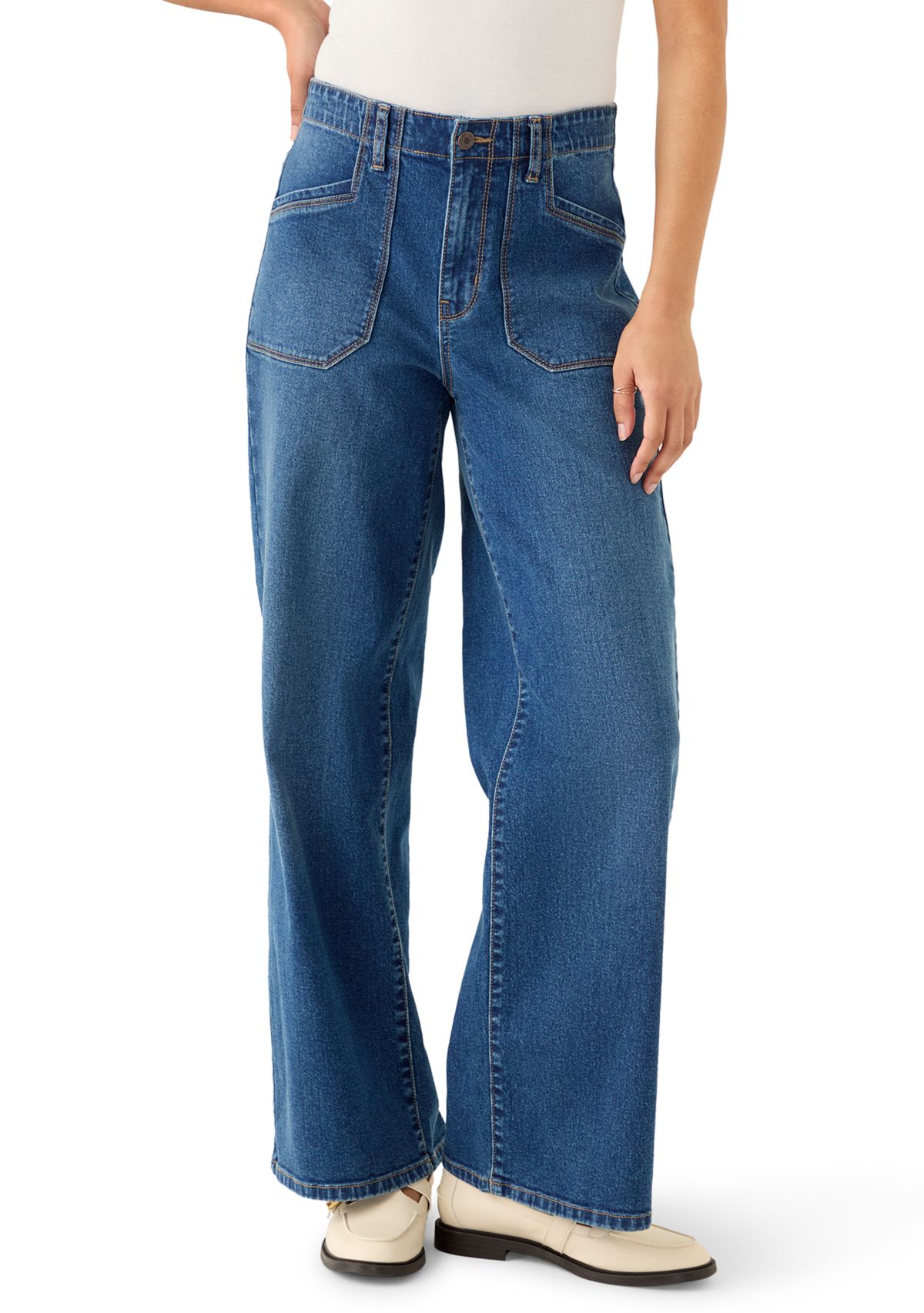 Womens High Rise Pocket Wide Leg Jeans